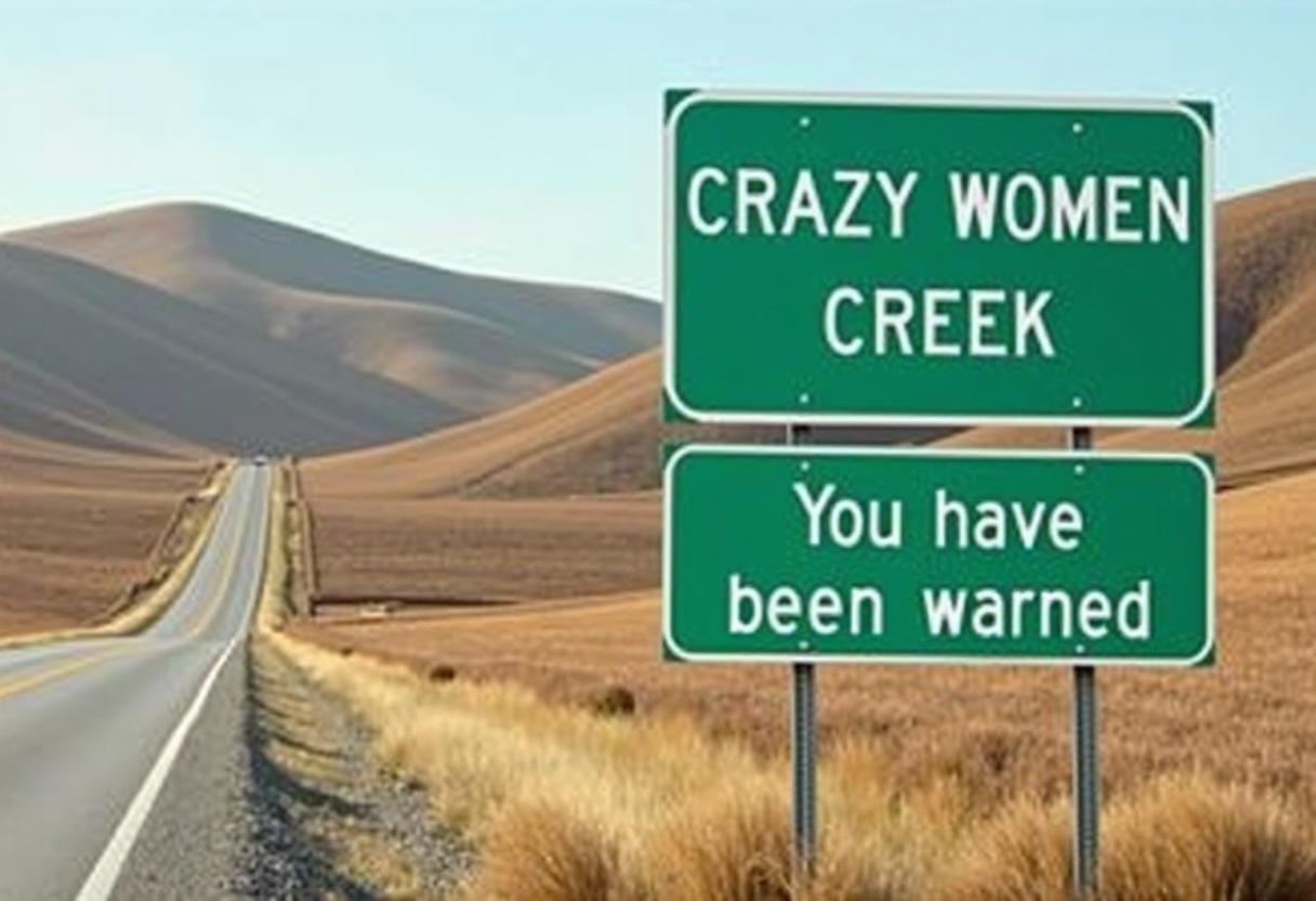 The image features two green road signs against a backdrop of brown Wyoming grasses, likely indicating a rural or semi rural location. The signs are mounted on metal poles and are typical of highway welcome signs, with the top sign reading  "CRAZY WOMEN CREEK" in white, capitalized letters. The bottom sign is more informal and confrontational, with the words "You have been warned" in a similar style, albeit in lowercase letters. The art style is straightforward and utilitarian, with no additional graphics or symbols aside from the text. The medium appears to be a digital rendering or photograph of a real road sign, given the texture and quality of the image. The colors are natural and muted, with the green of the signs standing out against the Wyoming rolling hills in the background. The white text is bold and legible, designed to be easily read from a distance. The objects in the image are primarily the road signs themselves, which are the focal point of the composition. They are the only man made objects visible, with the natural environment providing a tranquil and somewhat secluded backdrop. The road curves gently out of view on the left, suggesting that the signs are at the entrance to a stretch of highway or a particular area within Wyoming. The overall impression is one of a straightforward, yet somewhat humorous, message from one state to another. background wyoming hills