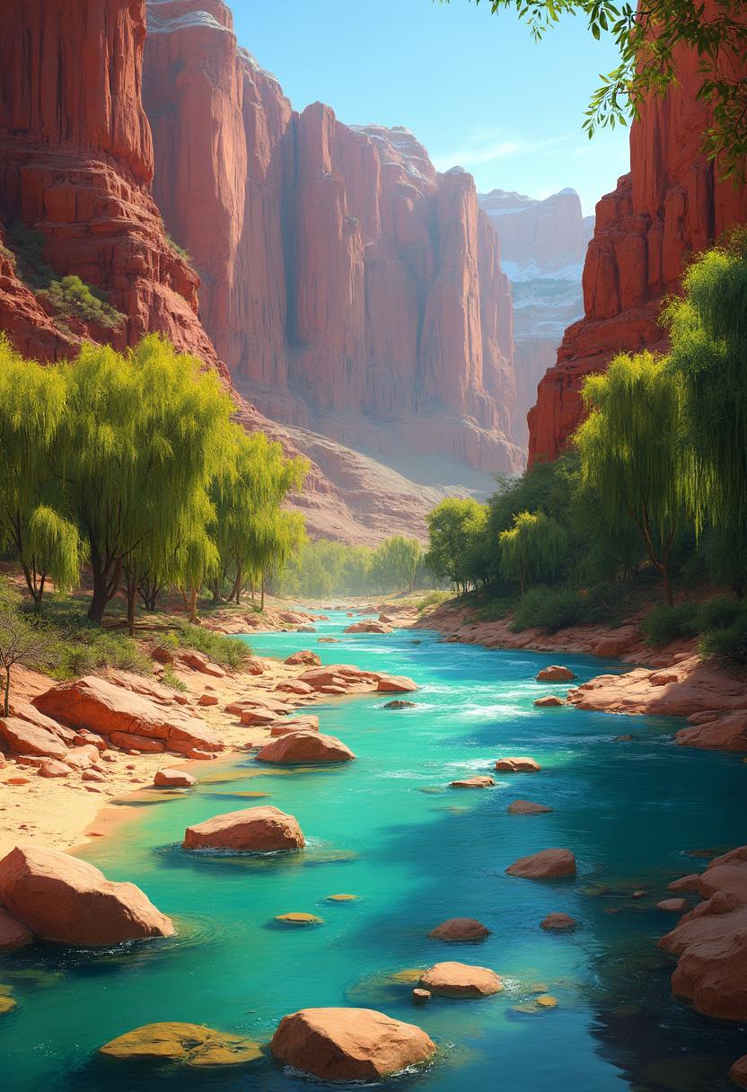 This photograph captures a serene and majestic landscape, likely a river canyon, with towering red rock formations in the background and a clear, turquoise river flowing through it. The art style is realistic, with attention to detail and natural lighting that enhances the vividness of the colors and the textures of the rocks and foliage. Medium The photo appears to be a high-resolution photograph, given the clarity and sharpness of the details. Colors The colors in the image are rich and varied. The river water is a striking turquoise, which stands out against the warm tones of the rocks and the green of the trees. The red rock formations in the background are a deep, rich red, with some areas showing lighter, sandy hues. The green of the trees is a bright, almost neon green, which contrasts with the browns and reds of the rocks and the blue of the sky. Objects in the Image 1. River The river is the central focus of the image, with its clear, turquoise water flowing gently over and around the rocks. The water is shallow in some places, revealing smooth, rounded stones beneath the surface. 2. Rocks There are several rocks visible in the river, with different shapes and sizes. Some rocks are submerged, while others protrude slightly from the waters surface. The rocks have a rough, uneven texture, with striations and grooves that indicate erosion over time. 3. Trees There are several trees lining the riverbanks, with dense foliage that provides a green contrast to the red rock formations in the background. The trees appear to be willows or similar species, with long, thin branches that sway gently in the breeze. 4. Red Rock Formations Towering in the background, the red rock formations rise dramatically from the riverbanks. The formations are layered, with different strata visible, and they have a rugged, jagged texture. The sunlight casts shadows across the formations, highlighting their depth and dimension. 5. Sky The sky is a clear, deep blue, with no clouds or other obstructions, which enhances the sense of openness and vastness in the landscape.Overall, the image conveys a sense of tranquility and natural beauty, with a harmonious blend of colors and textures that create a visually striking and immersive scene. photorealistic 128K 