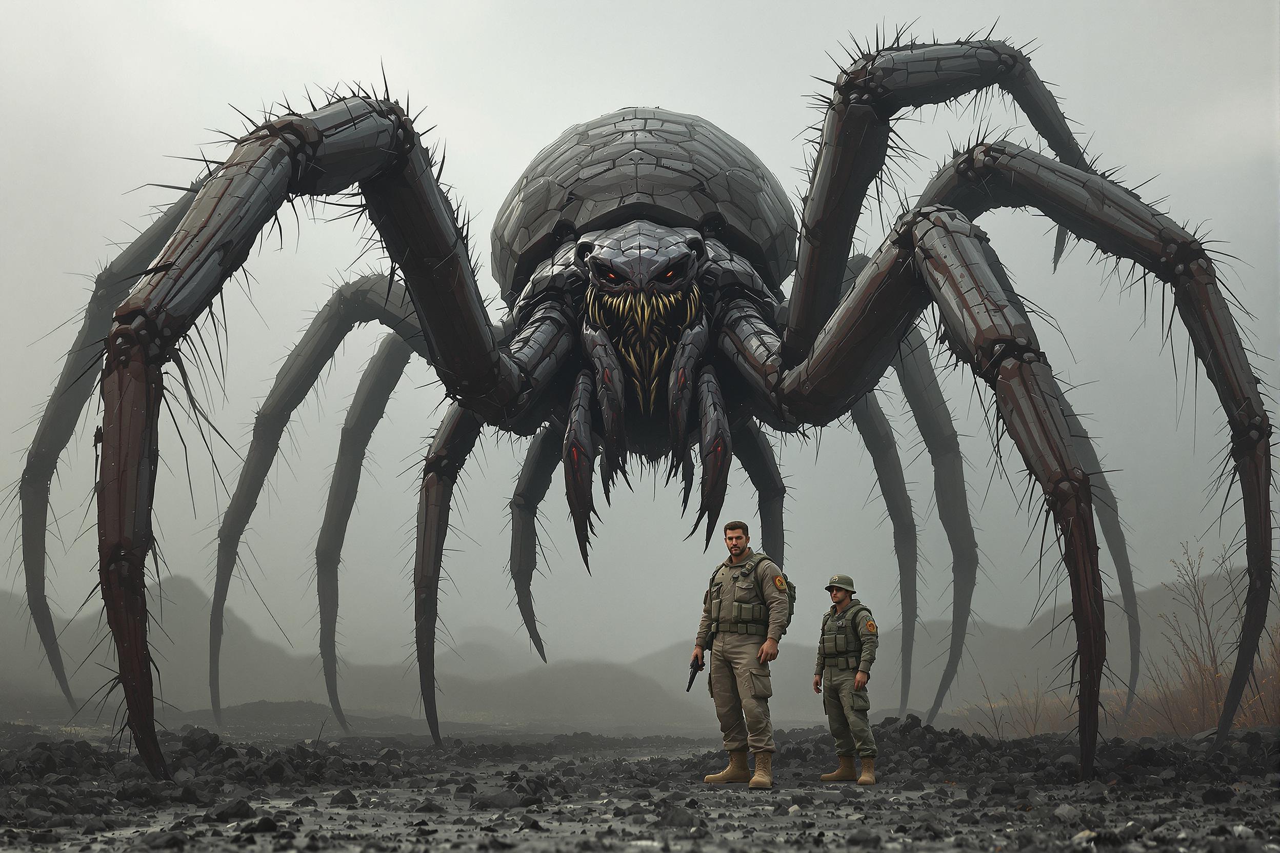 Create a photo of a huge massive spider, scary spider, standing next to a human. The human is in military fatigue.  The spider is bigger than the human