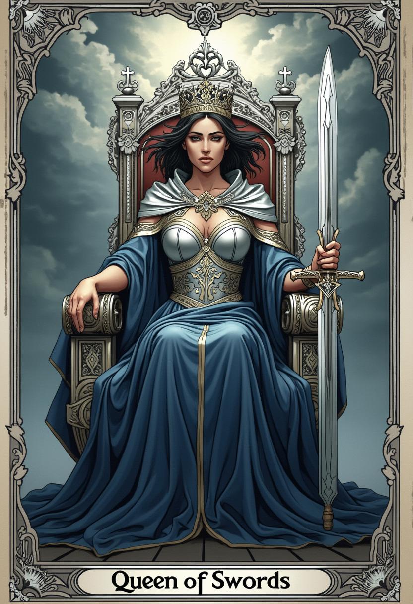 A majestic tarot card illustration of the Queen of Swords, depicted as a regal woman seated on an ornate throne adorned with intricate silver carvings and sharp, angular designs symbolizing intellect and clarity. She wears a flowing robe of deep blue and silver, shimmering with a metallic sheen, her crown sharp and pointed like a blade, reflecting her piercing wisdom. In her right hand, she holds a gleaming double-edged sword upright, its blade catching the light with a cold, polished glint, while her left hand rests on the arm of the throne, exuding authority. Her piercing gaze is direct and unflinching, framed by a stern yet elegant face, with windswept hair suggesting a restless, intellectual energy. The background features a stormy sky with swirling gray clouds, a single ray of pale sunlight breaking through, illuminating her figure and casting dramatic shadows. The scene is framed with a classic tarot card border, detailed with subtle geometric patterns and sword motifs in silver and gold. The style is reminiscent of traditional Rider-Waite tarot art, with a touch of Art Nouveau elegance, emphasizing fine linework and symbolic detail. The composition centers the Queen in a commanding frontal pose, with a slightly elevated perspective to enhance her dominance. The mood is intense and focused, evoking a sense of mental clarity, truth, and unyielding strength, set against a backdrop of turbulent yet controlled energy. Rendered with high detail, sharp contrasts, and a muted yet striking color palette of blues, silvers, and grays, in a 2D illustrative format.
