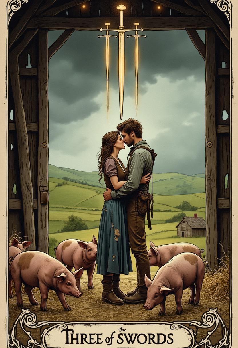 A beautifully detailed tarot card illustration of "The Three of Swords," depicting a poignant and emotional scene set on a rustic farm. The central focus is a couple standing close together in an old wooden barn, their faces filled with tender sorrow as they share a bittersweet kiss. The barn's interior is rich with texture—worn wooden beams, scattered hay on the ground, and faint cracks of light streaming through the slats, casting soft, golden rays across the scene. At their feet, a small group of pigs with earthy, mottled pink and brown skin nuzzle the hay, adding a grounded, rural charm to the composition.

The couple is dressed in simple, weathered farm clothing—muted tones of gray, brown, and faded blue, with subtle tears and patches that hint at a life of hard work. Above them, three ethereal swords hover in the air, glowing faintly with a cold, silvery light, symbolizing heartbreak and conflict piercing through the warmth of their connection. The background reveals a glimpse of the farm outside the barn door, with rolling green hills under a stormy, overcast sky, enhancing the melancholic and dramatic mood.

The artistic style is reminiscent of classic tarot card art, with intricate linework and a painterly quality inspired by the Rider-Waite deck, combined with elements of 19th-century romanticism. The composition is framed tightly within the card's borders, with the couple positioned centrally, their embrace drawing the viewer's eye, while the pigs and swords create a balanced triangular focus. The atmosphere is heavy with emotion— a mix of love, loss, and rural simplicity—evoking a sense of longing under the dim, diffused light of a late afternoon storm. The color palette is muted yet warm, with earthy tones contrasted by the cool metallic sheen of the swords, rendered in high detail with a focus on emotional depth and symbolic storytelling.
