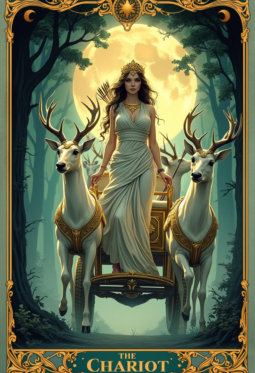 A majestic tarot card illustration of "The Chariot," featuring the Greek goddess Diana as the central figure. Diana stands tall and commanding in a golden chariot adorned with intricate lunar motifs and crescent moons, pulled by two powerful white stags with shimmering antlers. She wears a flowing silver robe that glows softly under moonlight, a quiver of arrows slung over her shoulder, and a laurel crown resting on her dark, windswept hair. Her expression is fierce yet focused, embodying determination and control. The background depicts a mystical forest at twilight, with deep emerald greens and shadowy blues, illuminated by a full moon casting ethereal light through the trees. The composition is dynamic, with Diana positioned centrally, the chariot in mid-motion, and the stags charging forward, creating a sense of unstoppable momentum. The art style is reminiscent of classic tarot card designs, with detailed linework and rich, symbolic imagery inspired by Art Nouveau, featuring ornate borders and celestial accents. The mood is powerful and mysterious, evoking a sense of divine authority and wild, untamed energy, with a cool, nocturnal atmosphere enhanced by soft, diffused lighting and subtle mist.