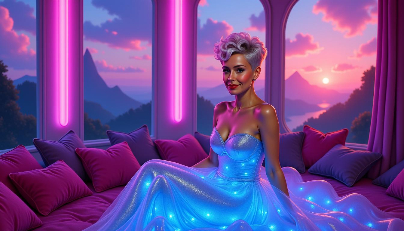 KIRA-SUNRISE-ZIP, Portrait of a stunning fair-skinned woman with short platinum blonde curly pixie haircut (Kira perfekt 6.0 style), wearing a glowing quantum dress with shimmering indigo-to-pink gradient, seated in a dreamy galactic lounge with velvet cushions, transparent floating panels and luminous nebulae outside the windows, cinematic light, elegant, soft smile, full 1920x1080 composition, fantasy realism, ultra detailed, digital art