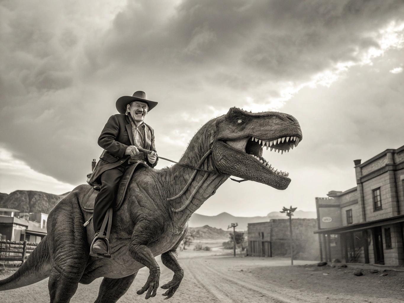 Create a photorealistic monochrome photo of an 1863 Tucson, Arizona, a cowboy riding a t-rex, cowboy is smiling looking at viewer