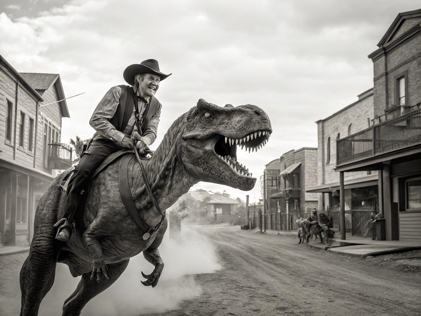 Create a photorealistic monochrome photo of an 1863 Tucson, Arizona, a cowboy riding a t-rex, cowboy is smiling looking at viewer