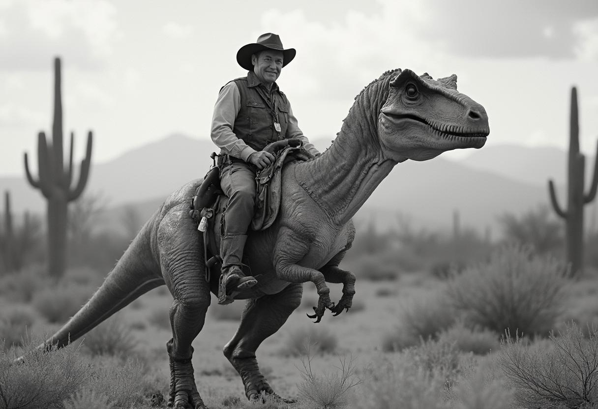 Create a photorealistic monochrome photo of an 1863 Tucson, Arizona, a cowboy riding a t-rex, cowboy is smiling looking at viewer