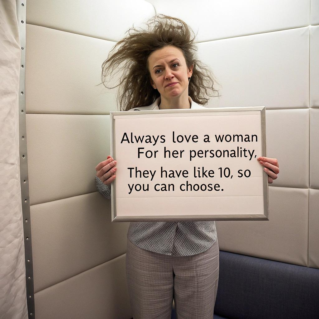 create a realistic photo of a crazy woman holding a white board sign that reads "Always love a woman for her personality. They have like 10, so you can choose." sans serif font background padded room