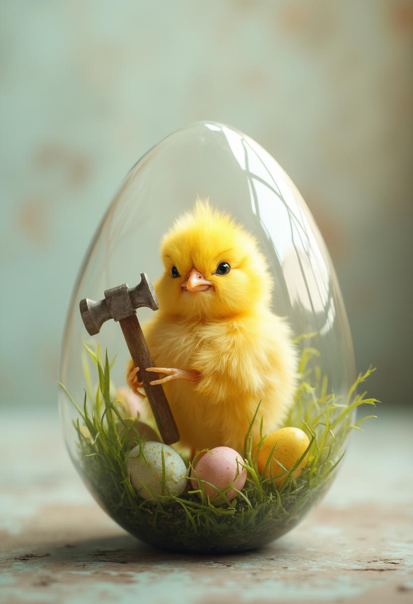 Photograph realistic. Transparent glass Easter egg with an energetic chick inside. The chick is holding a hammer. Airbrushed, back ground, 8k resolution.