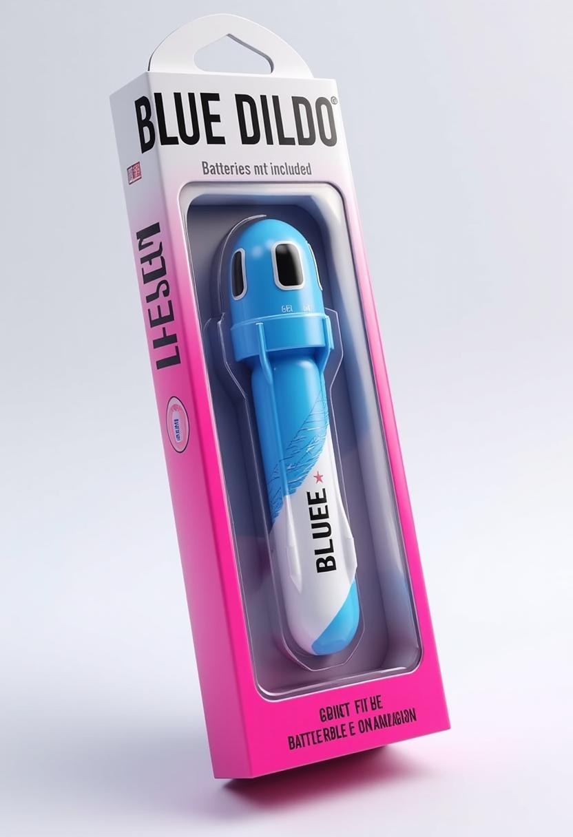 A highly detailed product packaging design for a fictional item titled "BLUE DILDO." The packaging features a transparent plastic cover, showcasing the product inside—a sleek, handheld wand-style vibrator in a striking blue and white color scheme, with intricate texture details on the surface to mimic a realistic design. The vibrator has bold black text printed on it reading "BLUE ORIGIN" in a modern, sans-serif font. The backing of the package is made of vibrant pink cardboard, with clean, sharp edges and a glossy finish, creating a playful yet professional look. On the outside of the packaging, prominent text in black reads "BLUE DILDO" in large, bold letters at the top, alongside smaller text stating "Batteries not included" and "AVAILABLE ON AMAZON" in a neat, readable font. The composition focuses on a centered view of the package, slightly angled to show depth, with the product inside clearly visible through the plastic. The lighting is bright and even, with soft reflections on the plastic cover to emphasize its transparency and a subtle shadow beneath for a realistic 3D effect. The style is inspired by modern commercial product photography, with a clean, minimalist aesthetic and a focus on vibrant color contrast between the blue product, pink backing, and black text. The mood is bold and cheeky, evoking a sense of confidence and fun, set against a neutral studio background to keep the focus on the packaging design. Rendered with high-definition clarity, sharp details, and a professional finish to mimic real-world product presentation.