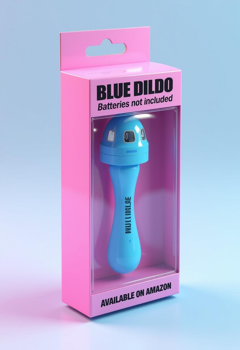 Photo of BLUE, A highly detailed product packaging design for a fictional item titled "BLUE DILDO." The packaging features a transparent plastic cover, showcasing the product inside—a sleek, handheld wand-style vibrator in a striking blue and white color scheme, with intricate texture details on the surface to mimic a realistic design. The vibrator has bold black text printed on it reading "BLUE ORIGIN" in a modern, sans-serif font. The backing of the package is made of vibrant pink cardboard, with clean, sharp edges and a glossy finish, creating a playful yet professional look. On the outside of the packaging, prominent text in black reads "BLUE DILDO" in large, bold letters at the top, alongside smaller text reading "Batteries not included" and reads "AVAILABLE ON AMAZON" in a neat, readable font. The composition focuses on a centered view of the package, slightly angled to show depth, with the product inside clearly visible through the plastic. The lighting is bright and even, with soft reflections on the plastic cover to emphasize its transparency and a subtle shadow beneath for a realistic 3D effect. The style is inspired by modern commercial product photography, with a clean, minimalist aesthetic and a focus on vibrant color contrast between the blue product, pink backing, and black text. The mood is bold and cheeky, evoking a sense of confidence and fun, set against a neutral studio background to keep the focus on the packaging design. Rendered with high-definition clarity, sharp details, and a professional finish to mimic real-world product presentation.