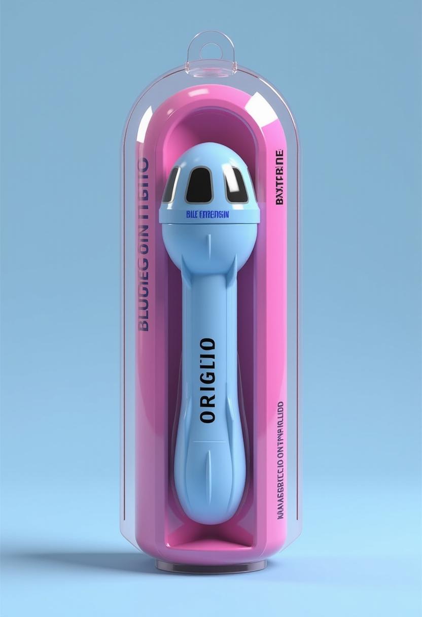 Photo of BLUE, A highly detailed product packaging design for a fictional item titled "BLUE DILDO." The packaging features a transparent plastic cover, showcasing the product inside—a sleek, handheld wand-style vibrator in a striking blue and white color scheme, with intricate texture details on the surface to mimic a realistic design. The vibrator has bold black text printed on it reading "BLUE ORIGIN" in a modern, sans-serif font. The backing of the package is made of vibrant pink cardboard, with clean, sharp edges and a glossy finish, creating a playful yet professional look. On the outside of the packaging, prominent text in black reads "BLUE DILDO" in large, bold letters at the top, alongside smaller text reading "Batteries not included" and reads "AVAILABLE ON AMAZON" in a neat, readable font. The composition focuses on a centered view of the package, slightly angled to show depth, with the product inside clearly visible through the plastic. The lighting is bright and even, with soft reflections on the plastic cover to emphasize its transparency and a subtle shadow beneath for a realistic 3D effect. The style is inspired by modern commercial product photography, with a clean, minimalist aesthetic and a focus on vibrant color contrast between the blue product, pink backing, and black text. The mood is bold and cheeky, evoking a sense of confidence and fun, set against a neutral studio background to keep the focus on the packaging design. Rendered with high-definition clarity, sharp details, and a professional finish to mimic real-world product presentation.