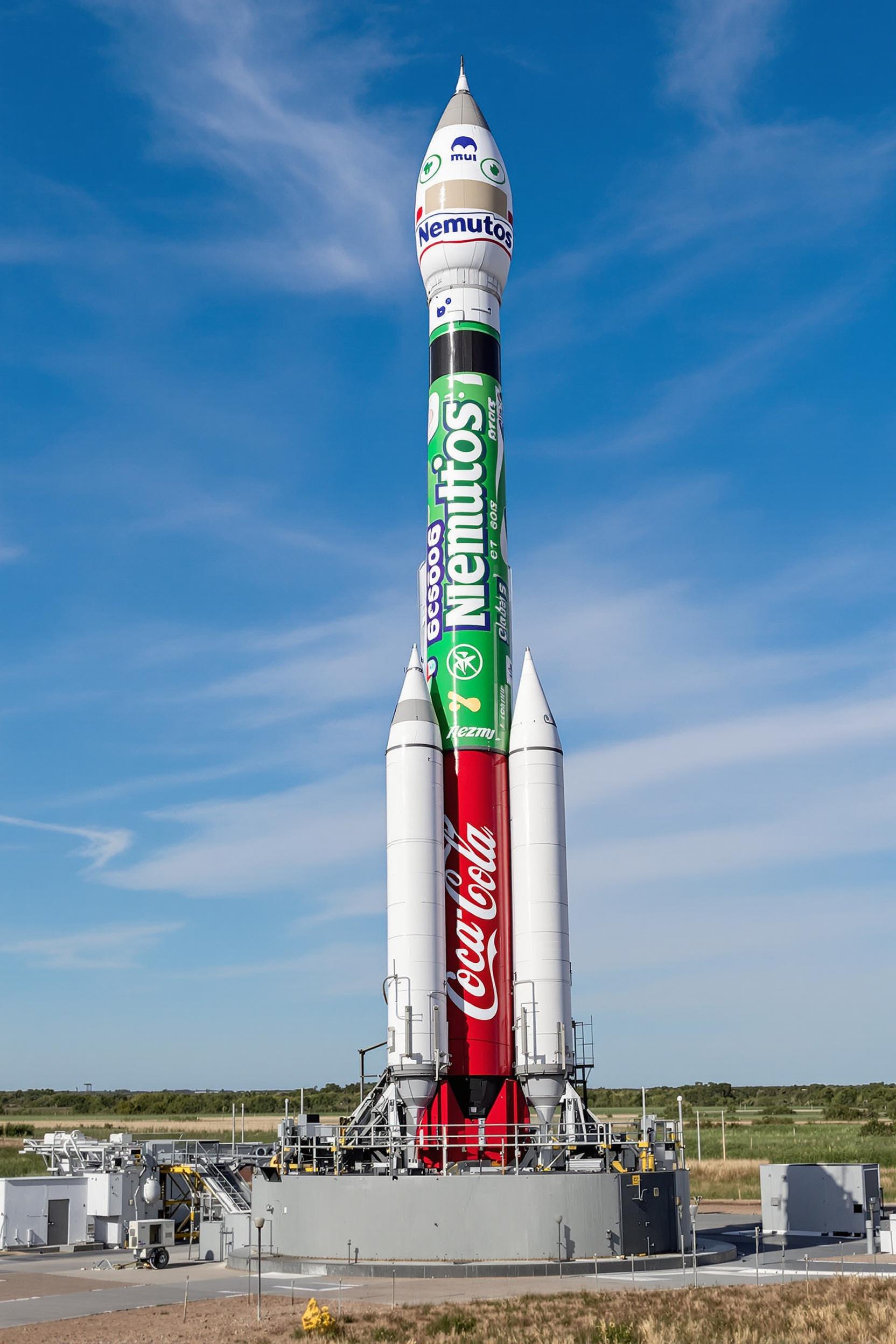 This image depicts a rocket launch site with a rocket that has been humorously modified to resemble a commercial product. The rockets body is wrapped in a green and white wrapper that features the Nemutos brand, which is a fictional and humorous take on the reallife Mentos candy. The wrapper has a playful design with bubbles and a whimsical font that mimics the packaging of real candies.At the base of the rocket, instead of the usual rocket engine or payload fairing, there is a large red cylindrical object that has been cleverly fashioned to look like a CocaCola bottle. The bottle is complete with the iconic CocaCola script logo and the classic bottle design. The rocket and bottle are situated on a launch pad with a gantry structure and other support equipment in the background, suggesting that the rocket is ready for launch.The art style of the image is realistic with a touch of surrealism due to the unexpected and humorous modifications of the rocket. The medium appears to be a digital photograph, given the clarity and sharpness of the details. The colors are bright and vivid, with the green and white of the Nemutos wrapper standing out against the red of the CocaCola bottle and the muted tones of the launch pad and the surrounding landscape. The sky is a clear blue with a few wispy clouds, and the overall atmosphere of the image is one of whimsy and creativity.