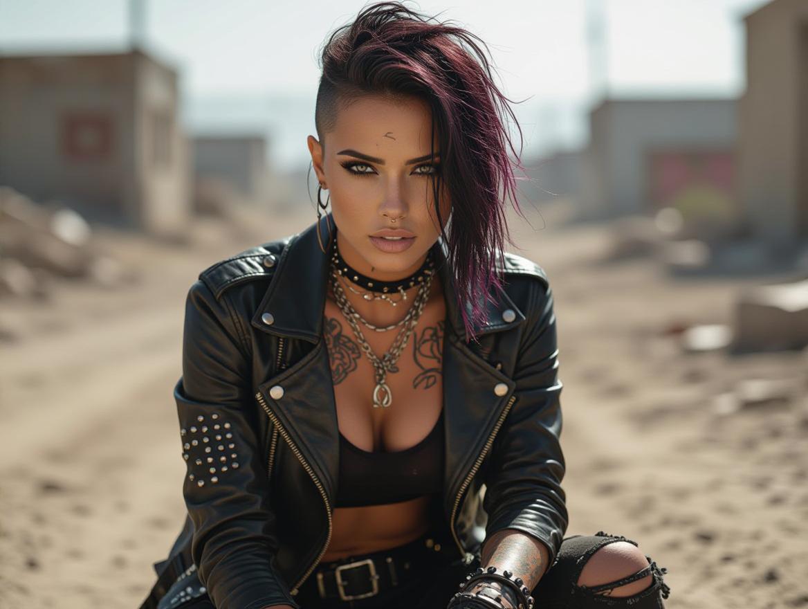 depth of field, focused subject, dynamic angle, best quality, a beautiful woman, asymmetric hair, tanned skin, dirty skin, sweat, tattoos, piercings, dirty clothes, studded leather jacket, ripped clothes, post apocalyptic style, perfect eyes, looking at viewer, chains, black boots, slim and athletic body, movie perspective, wasteland, background, dust,