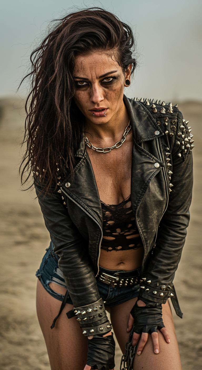 , depth of field, focused subject, dynamic angle, best quality, a beautiful woman, asymmetric hair, tanned skin, dirty skin, sweat, tattoos, piercings, dirty clothes, studded leather jacket, ripped clothes, post apocalyptic style, perfect eyes, looking at viewer, chains, black boots, slim and athletic body, movie perspective, wasteland, background, dust,
