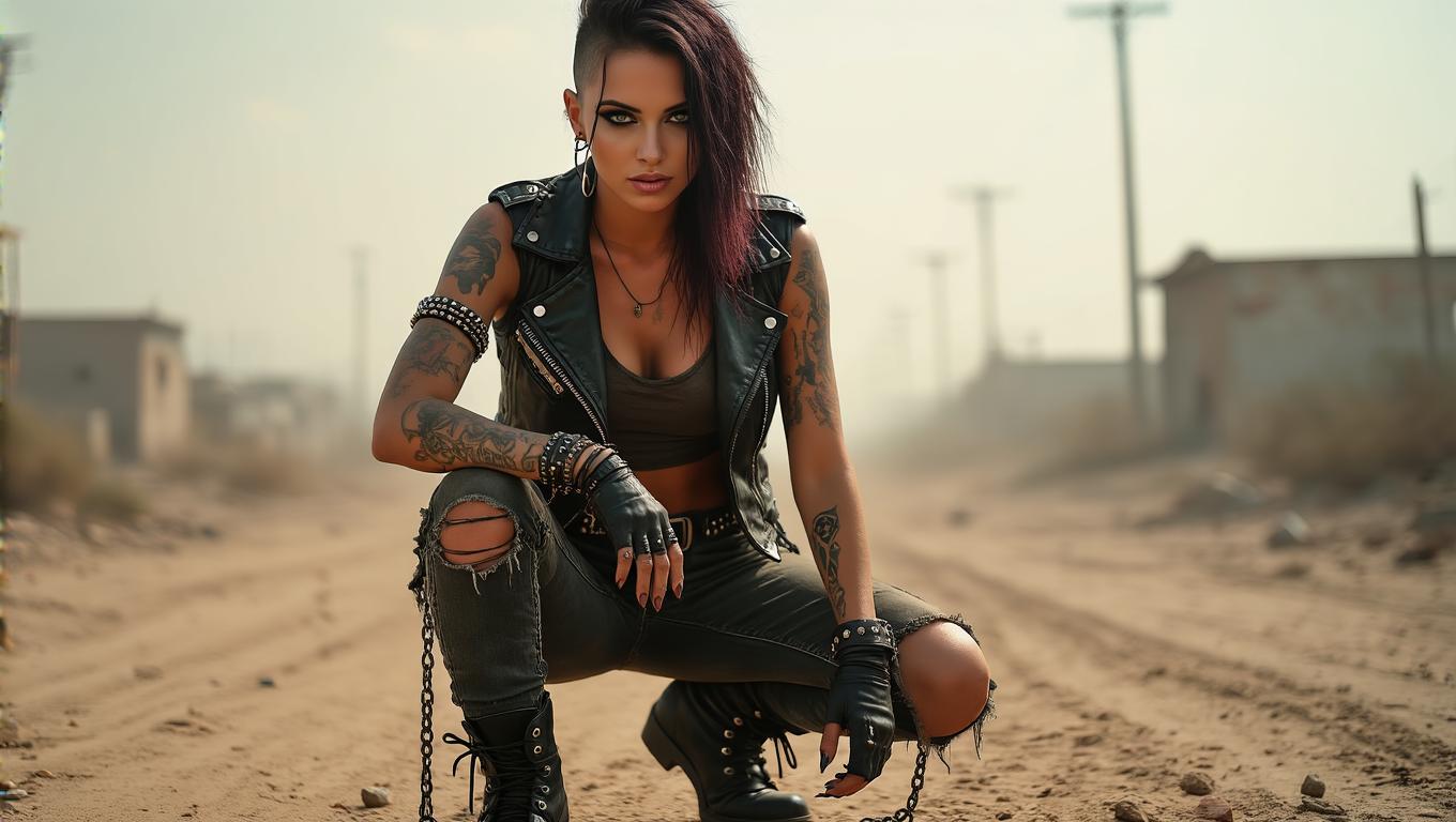 depth of field, focused subject, dynamic angle, best quality, a beautiful woman, asymmetric hair, tanned skin, dirty skin, sweat, tattoos, piercings, dirty clothes, studded leather jacket, ripped clothes, post apocalyptic style, perfect eyes, looking at viewer, chains, black boots, slim and athletic body, movie perspective, wasteland, background, dust,