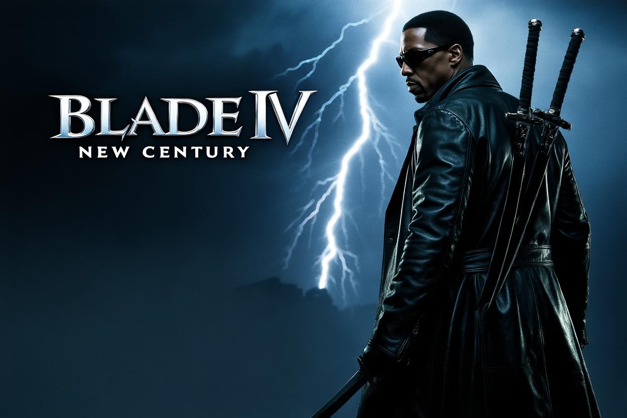 Cinematic movie cover of new "Blade IV" film with Wesley Snipes as Blade, dark scene, dramatic lightning, Blade in his dark, long leather coat and his swords on the back, wearing his slim black sunglasses. Title is "Blade IV" in Blade font with subtile in clear font "New Century"