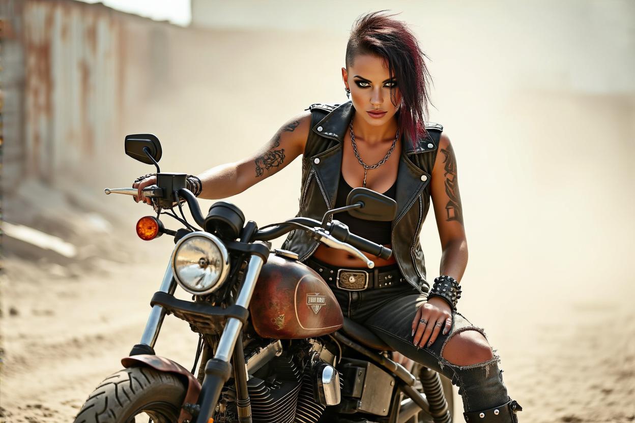 depth of field, focused subject, dynamic angle, best quality, a beautiful woman, asymmetric hair, tanned skin, dirty skin, sweat, tattoos, piercings, dirty clothes, studded leather jacket, ripped clothes, post apocalyptic style, perfect eyes, looking at viewer, chains, black boots, slim and athletic body, sitting on a post apocalyptic Harley Davidson, movie perspective, wasteland, background, dust,