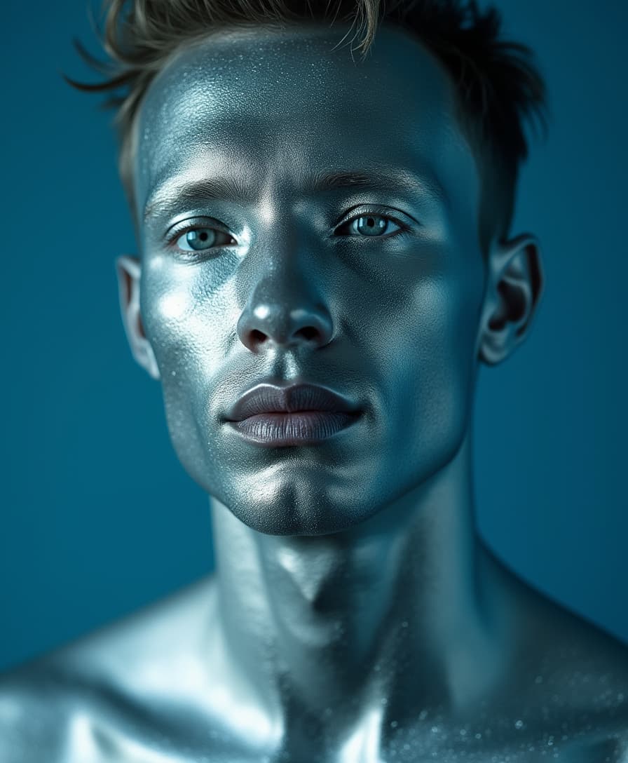 surreal photography, portrait, man, silver skin, blue background, high dynamic range, film photography, 23mm focal length, iso 100, f/2.8, Cinematic, (sharp details, high quality, 4k, intricate details, highly-detailed)