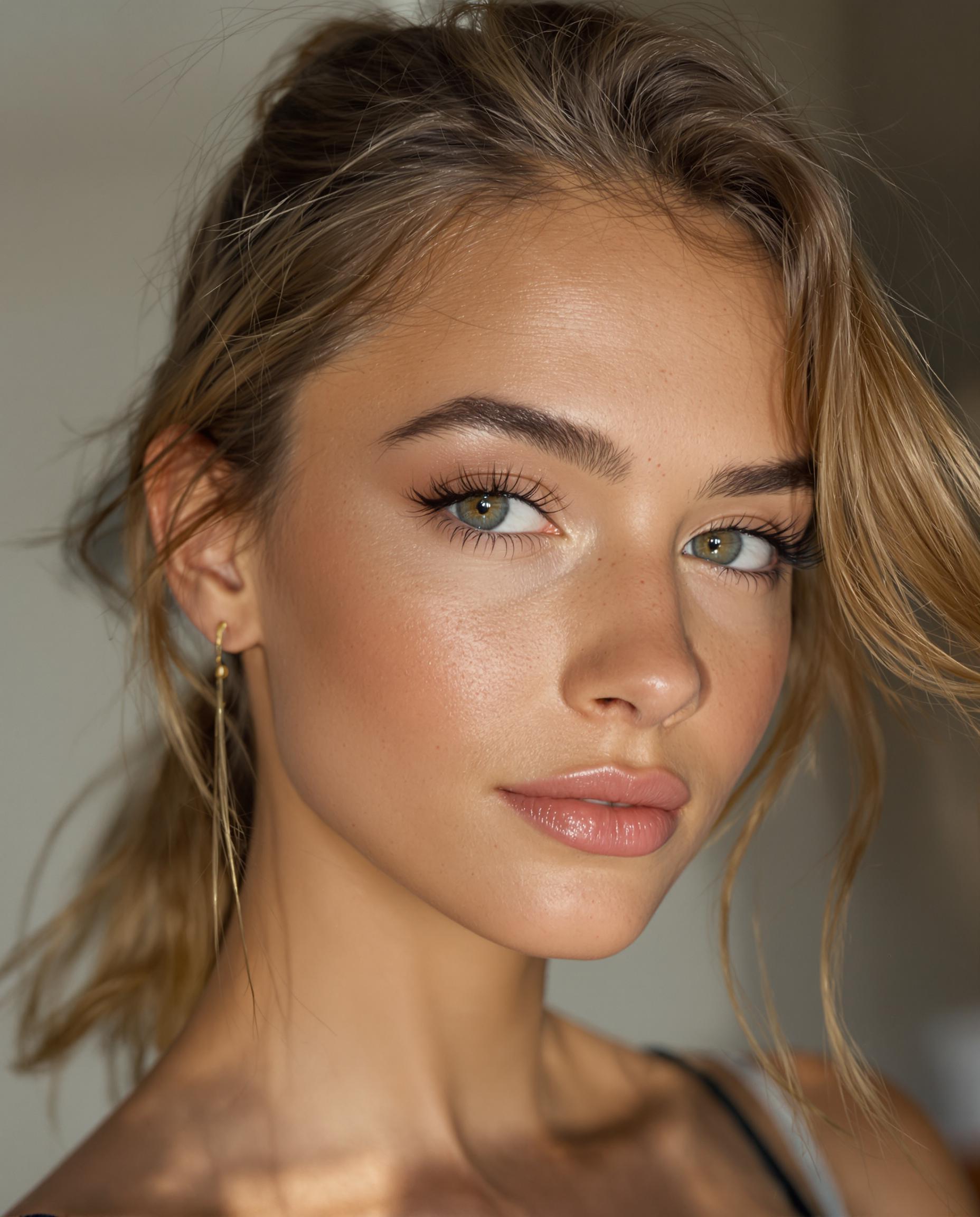 Ultra‑realistic portrait of a young female Instagram influencer model with a slim, athletic build. Her skin is rendered in painstaking, high‑definition detail--pores, soft freckles, and a natural glow illuminated by perfect, softbox lighting. Her eyes are crystal‑clear with a subtle catchlight, surrounded by minimal, natural‑finish makeup that enhances her lashes and brows without looking painted on. Her lips have a sheer, dewy sheen. The look is candid and effortless: a slight, genuine smile, subtle head tilt, hair softly framing her face. Shot on a professional camera with an 85 mm lens, 1.4 f‑stop for a shallow depth of field that renders the background into a gentle, creamy bokeh, emphasizing her flawless, yet totally believable, features.