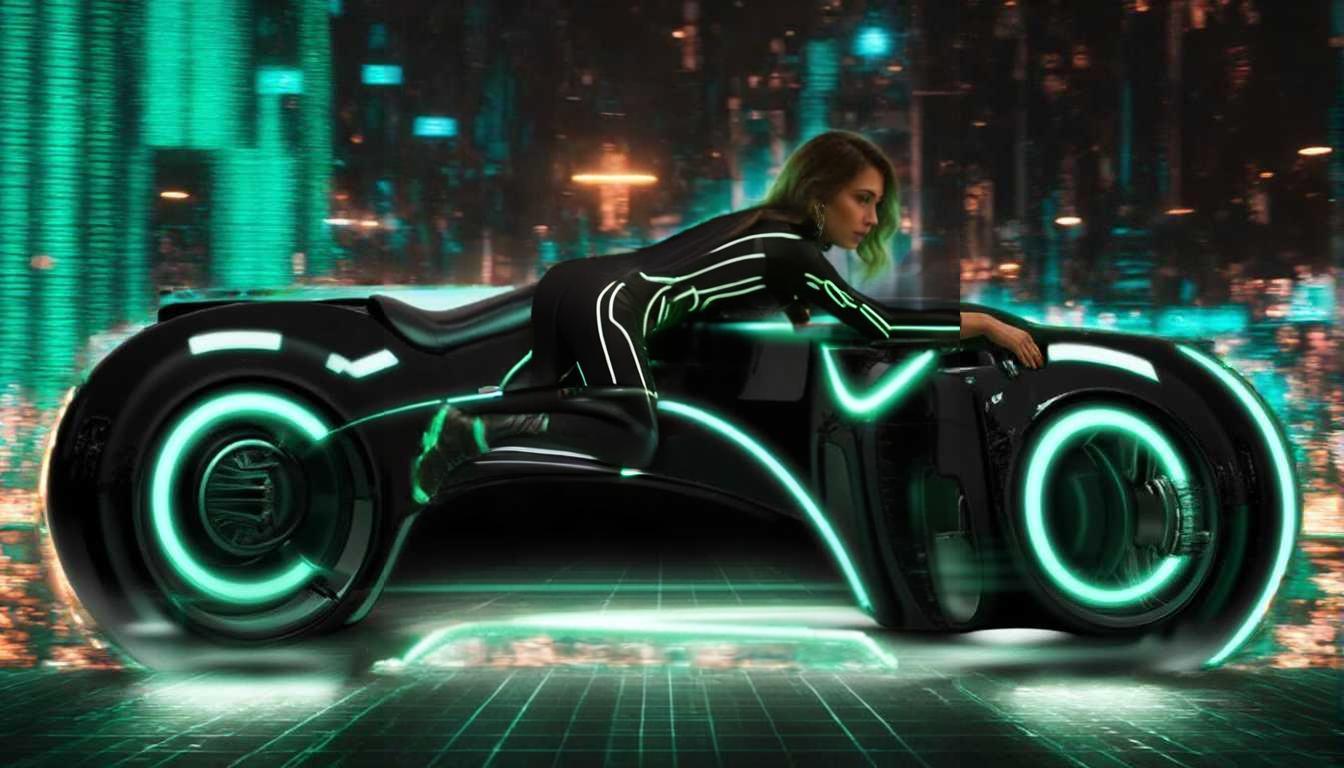 Create a futuristic female suit inspired by Tron, all black suit, with neon green lights that comes around the arms and go down the wrist, an other neon light starts from around the ankles and two lines move up the side of the legs, move all the way up to the side  under the armpits and side of the arms to the wrist, on the back of the suit a small round battery pack 