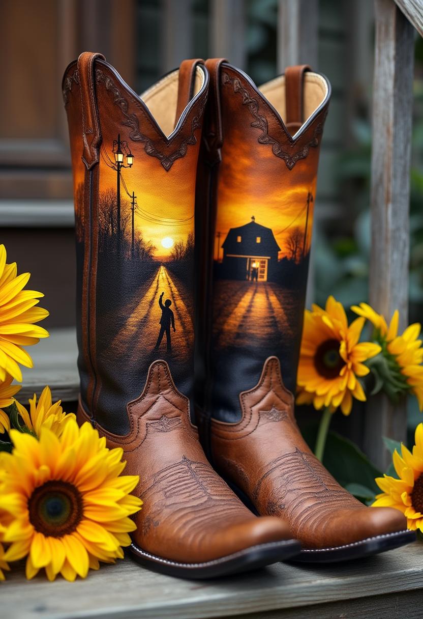 Create an image of a pair of artistic brown cowboy boots which is showcased against a rustic wooden porch. The boots feature intricate designs with overlays depicting a silhouette of a cowboy against a dirt road, complete with illuminated street lamps and backed by a barn. Surrounding the boots are vibrant sunflowers, adding a natural, cheerful touch. This composition blends rustic charm, urban sophistication, and a touch of nature.