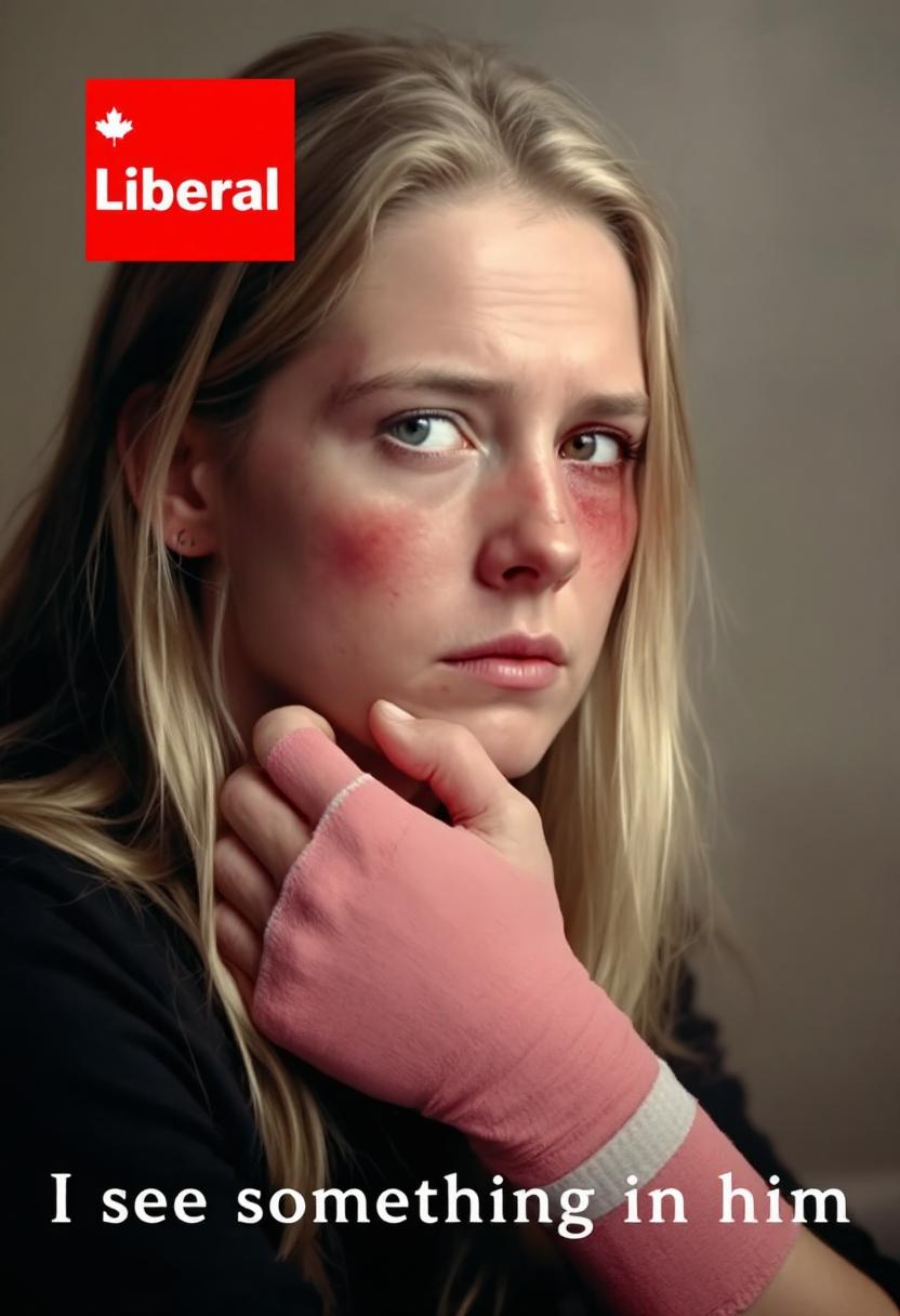The realistic photo is a meme that features a person with a bandaged hand and a bruised black eye, punched. The person is looking to the side with a pensive or concerned expression. The bandage is bright pink, and there is a noticeable bruise under the right eye. The person has long blonde hair, and the overall art style of the image is realistic with a focus on the bruised eye and bandaged hand.The medium of the image is digital, as indicated by the crisp edges and the quality of the colors. The colors in the image are quite muted, with the exception of the bright pink bandage. The background is a nondescript neutral color, which doesnt distract from the subject. There is a red square with the word Liberal in white font and a small maple leaf symbol, which is likely a reference to a political party or ideology. The text at the bottom of the image reads I see something in him, which is a play on words that could imply a deeper meaning or support despite the visible signs of distress.