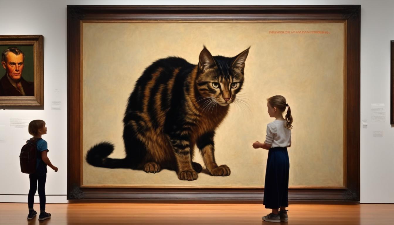 A realistic photograph of a norman rockwell painting, a girl is looking at a large painting of a demonic kitten on a large canvas in an art gallery