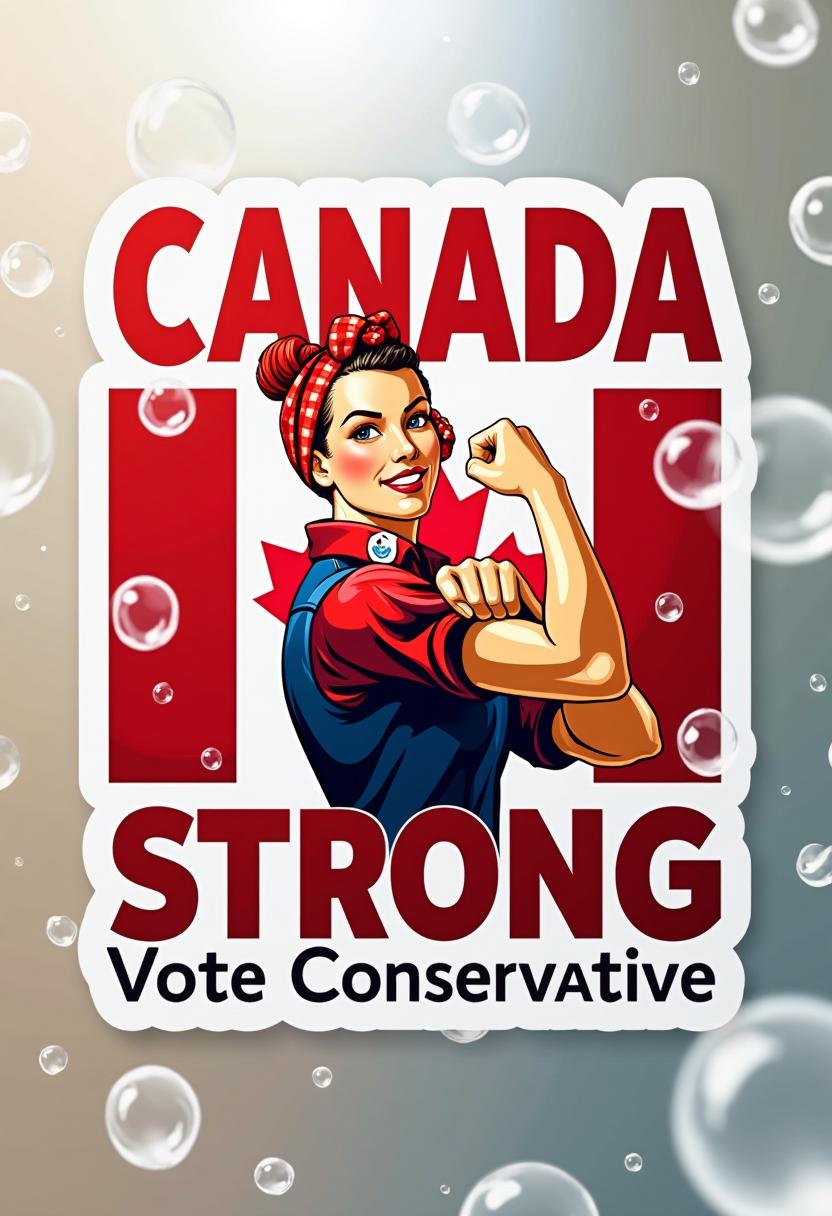 This image is a digital sticker with a bold, graphic design. The medium appears to be a digital illustration, likely created with vector graphics software. The sticker is superimposed on a light, almost translucent background that gives the impression of a frosted glass or a lightly textured surface.The sticker prominently features the word "CANADA" in large, bold, uppercase letters in a red color that matches the Canadian flag. The word STRONG is directly below, also in uppercase letters, with a gradient from a darker red at the top to a lighter red at the bottom, giving it a three-dimensional effect. The word "Vote Conservative" is at the bottom in a smaller font, with a red and white color scheme that echoes the Liberal Party of Canadas logo.In the center of the sticker is an illustration of a woman with red hair tied up in a bun, wearing a red checkered shirt and blue overalls. Her left arm is raised, flexing her bicep, a gesture that conveys strength and determination. The woman's attire and hairstyle are reminiscent of the iconic Rosie the Riveter, a symbol of American women workers during World War II. The illustration is stylized with a pop art influence, using bright, bold colors and a clear, clean line style. The Canadian flag is visible in the background, with its distinctive red and white stripes and a single red maple leaf in the center. The flag is slightly blurred, giving it a sense of movement and adding to the dynamic feel of the sticker. Throughout the sticker, there are scattered bubbles in various sizes and translucency levels, giving the impression of effervescence and liveliness. The bubbles are white with a slight tint of pink, matching the overall color scheme of the sticker. Overall, the art style of the sticker is modern, with a nod to mid20th century propaganda art, using strong, graphic elements to convey a message of national pride and political endorsement. The colors are bright and patriotic, with a clear, bold design that is easy to read and understand. background canadian flag