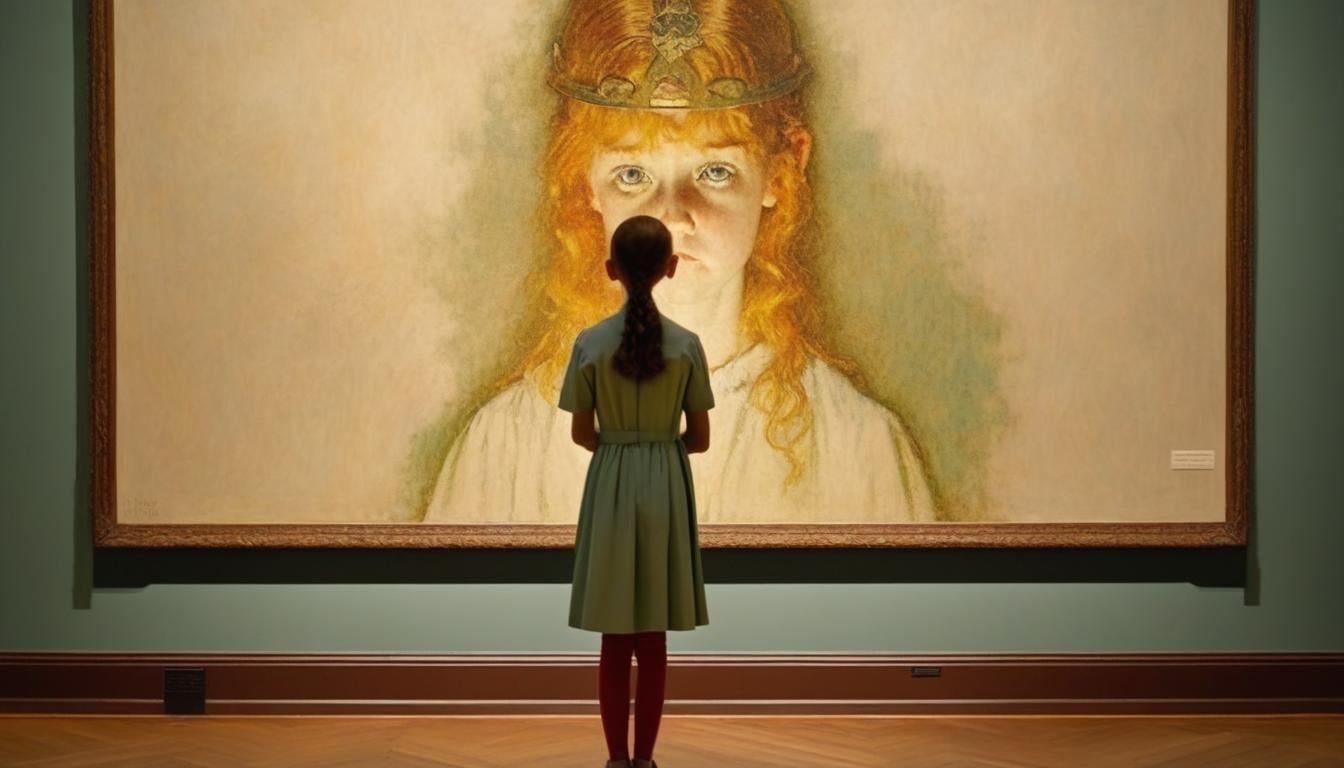 A realistic photograph of a norman rockwell painting, a girl is looking at a large painting of an exorcism on a large canvas in an art gallery