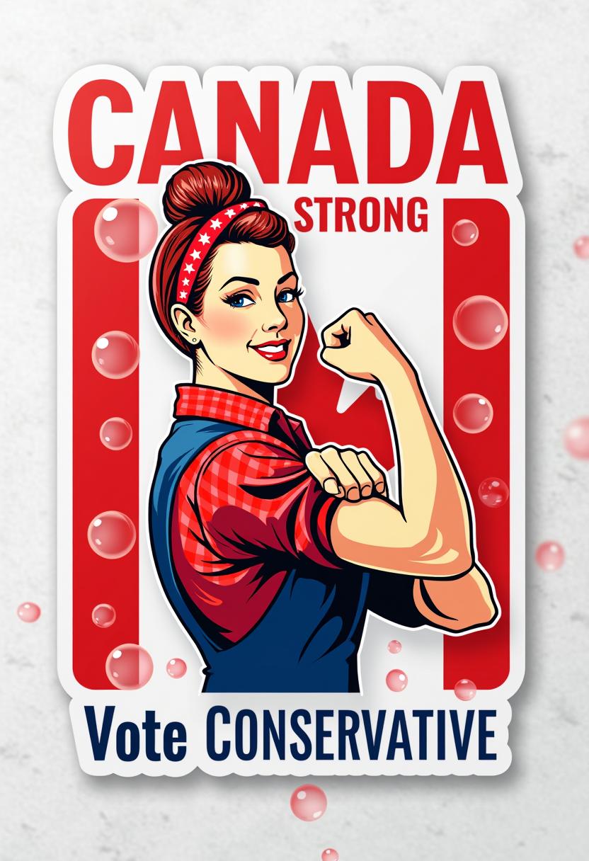 This image is a digital sticker with a bold, graphic design. The medium appears to be a digital illustration, likely created with vector graphics software. The sticker is superimposed on a light, almost translucent background that gives the impression of a frosted glass or a lightly textured surface.The sticker prominently features the word "CANADA" in large, bold, uppercase letters in a red color that matches the Canadian flag. The word STRONG is directly below, also in uppercase letters, with a gradient from a darker red at the top to a lighter red at the bottom, giving it a three-dimensional effect. The word "Vote Conservative" is at the bottom in a smaller font, with a red and white color scheme that echoes the Liberal Party of Canadas logo.In the center of the sticker is an illustration of a woman with red hair tied up in a bun, wearing a red checkered shirt and blue overalls. Her left arm is raised, flexing her bicep, a gesture that conveys strength and determination. The woman's attire and hairstyle are reminiscent of the iconic Rosie the Riveter, a symbol of American women workers during World War II. The illustration is stylized with a pop art influence, using bright, bold colors and a clear, clean line style. The Canadian flag is visible in the background, with its distinctive red and white stripes and a single red maple leaf in the center. The flag is slightly blurred, giving it a sense of movement and adding to the dynamic feel of the sticker. Throughout the sticker, there are scattered bubbles in various sizes and translucency levels, giving the impression of effervescence and liveliness. The bubbles are white with a slight tint of pink, matching the overall color scheme of the sticker. Overall, the art style of the sticker is modern, with a nod to mid20th century propaganda art, using strong, graphic elements to convey a message of national pride and political endorsement. The colors are bright and patriotic, with a clear, bold design that is easy to read and understand. background canadian flag
