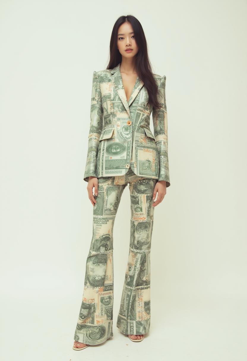 Photorealistic, surrealism, full-length shot, Taiwanese beauty wearing clothing suit made of banknotes, fashionable and stylish stunning, off-white background