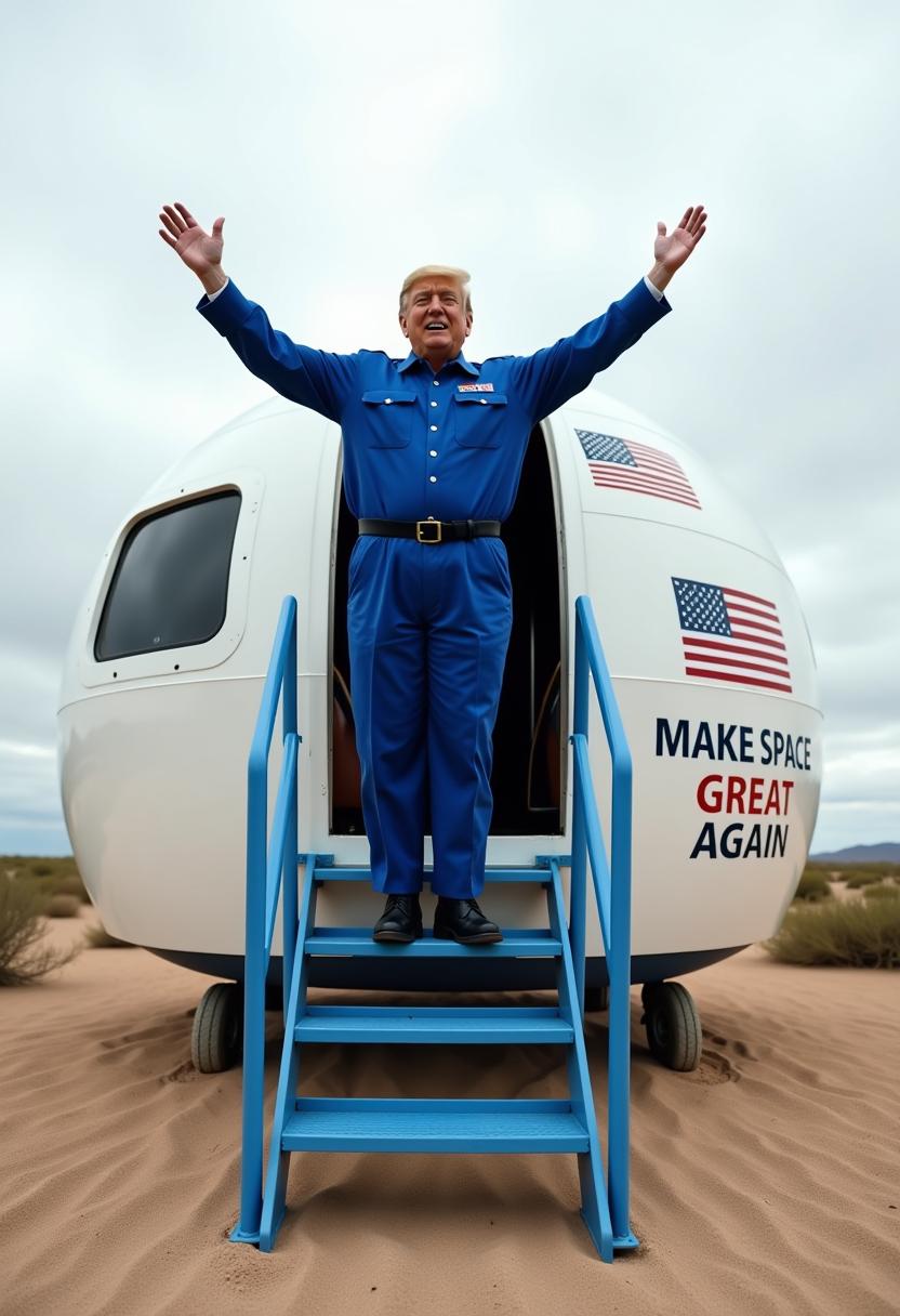  This image captures a moment of triumph and happy in a stark desert landscape. The central figure Donald Trump, standing on a blue metal staircase, he is raising their arms in a gesture that suggests elation or victory. Donald Trump is wearing a blue jumpsuit with a black belt, black military boots and their hair is styled blonde comb over. Donald Trump on the stairs appears to be exiting or preparing to enter a white, dome shaped spacecraft with the name that reads "MAKE SPACE GREAT AGAIN" emblazoned on its side. The craft has a window on one side, and an American flag is visible on the other, indicating its possible association with a space exploration mission.The staircase is a simple, utilitarian structure with a handrail on each side, providing a safe path for Donald Trump to ascend or descend. The spacecraft is situated on a patch of sandy terrain, surrounded by a sparse desert environment with low shrubs and a distant, overcast sky, which adds to the sense of isolation and the significance of the moment being celebrated. The art style of the image is realistic, with attention to the details of the subjects and the environment. The medium appears to be a photograph, given the clarity and texture of the image. The colors are muted, with the white of the spacecraft standing out against the earthy tones of the desert and the gray of the sky. The blue of the jumpsuit and the staircase adds a pop of color to the otherwise monochromatic palette. The overall effect is one of a moment frozen in time, conveying a sense of achievement and the human spirits reach for the stars.