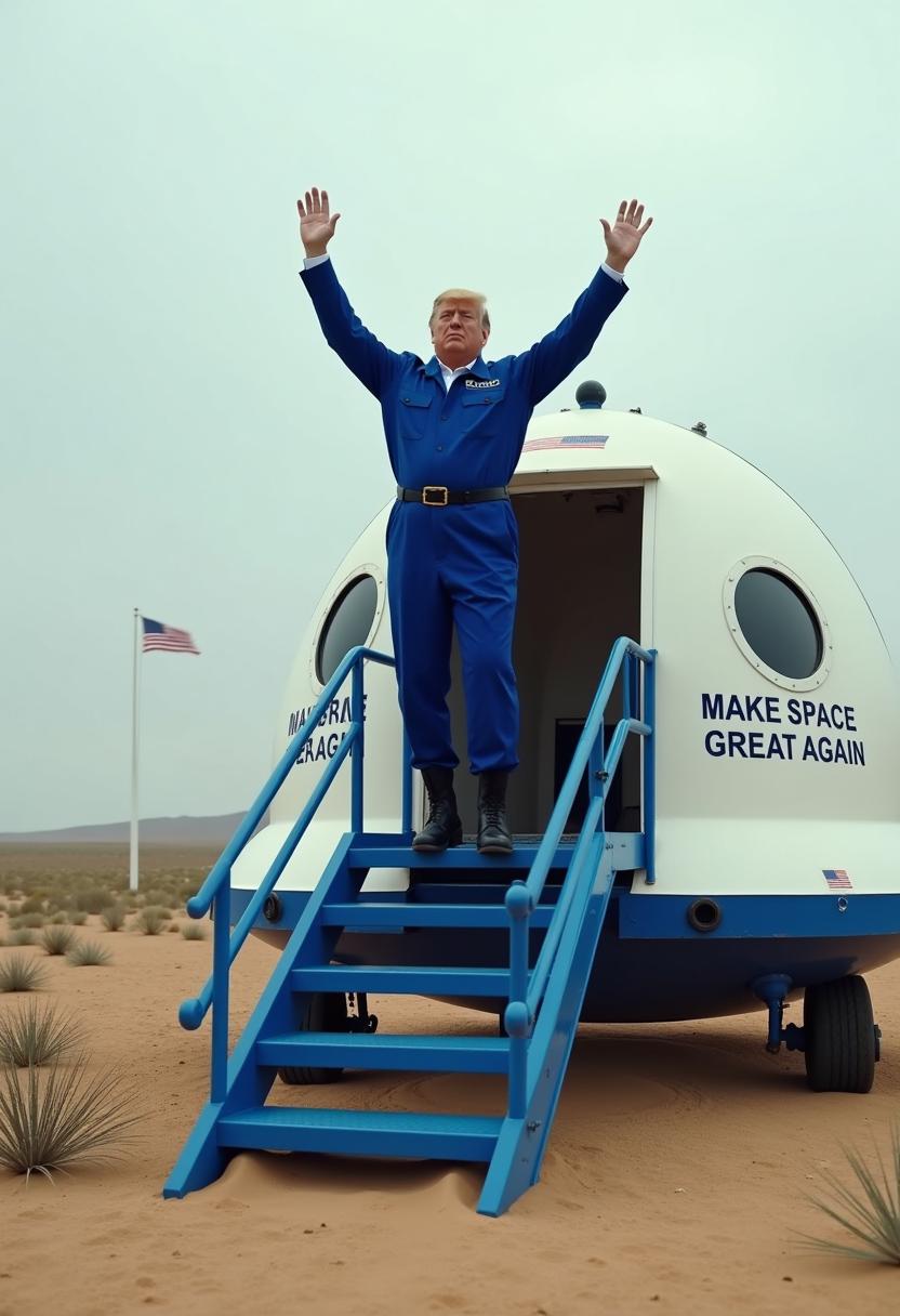  This image captures a moment of triumph and happy in a stark desert landscape. The central figure Donald Trump, standing on a blue metal staircase, he is raising their arms in a gesture that suggests elation or victory. Donald Trump is wearing a blue jumpsuit with a black belt, black military boots and their hair is styled blonde comb over. Donald Trump on the stairs appears to be exiting or preparing to enter a white, dome shaped spacecraft with the name that reads "MAKE SPACE GREAT AGAIN" emblazoned on its side. The craft has a window on one side, and an American flag is visible on the other, indicating its possible association with a space exploration mission.The staircase is a simple, utilitarian structure with a handrail on each side, providing a safe path for Donald Trump to ascend or descend. The spacecraft is situated on a patch of sandy terrain, surrounded by a sparse desert environment with low shrubs and a distant, overcast sky, which adds to the sense of isolation and the significance of the moment being celebrated. The art style of the image is realistic, with attention to the details of the subjects and the environment. The medium appears to be a photograph, given the clarity and texture of the image. The colors are muted, with the white of the spacecraft standing out against the earthy tones of the desert and the gray of the sky. The blue of the jumpsuit and the staircase adds a pop of color to the otherwise monochromatic palette. The overall effect is one of a moment frozen in time, conveying a sense of achievement and the human spirits reach for the stars.