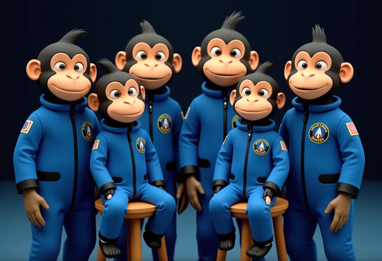 This image features a group of six monkeys dressed in matching blue flight suits with black trim and a circular emblem on the left chest. The emblem includes a rocket ship and a stylized B within a circle, which is indicative of the Blue Origin spaceflight company. Each character also has the name BLUE ORIGIN written on the left sleeve of their suit.The characters are posed in a semicircle, with three standing and three seated. The art style of the puppets is cartoonish, with exaggerated facial features and large, expressive eyes. The medium appears to be a form of stop motion animation, as evidenced by the puppeteers hands visible through the gloves of the standing characters.The colors in the image are primarily shades of blue, black, and white, with the exception of the characters skin tones, which range from light to dark. The background is a solid, dark color that contrasts sharply with the bright blue of the suits, drawing attention to the subjects.The objects in the image are primarily the puppet characters themselves and their flight suits. There are also two stools on which the seated characters are sitting. The puppeteers hands are not visible in the image, but their presence is implied by the positioning of the puppet limbs.