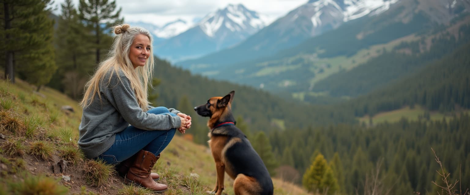 A vibrant portrait of a middle aged lady looking at viewer with long messy blond/silver hair half in a bun and half hanging down sides of face wearing a sleeved sweatshirt top blue jeans and brown cowboy boots sitting in the woods with her german shepherd, hands around her bent up knees as she is looking out over the valley with her german and the blended green hues of a wooded background with snow capped mountains