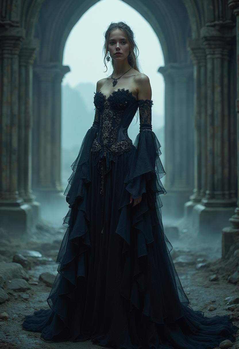 A striking portrait of a fit, thin, athletic female figure dressed in an elaborate gothic costume, featuring intricate black lace, velvet textures, and silver accents with ornate corsetry and dramatic flowing sleeves. She stands confidently in a haunting gothic background, surrounded by ancient stone architecture, crumbling cathedral ruins, and eerie mist swirling at her feet. The scene is illuminated by the soft, cold light of a full moon casting long shadows, with hints of deep indigo and charcoal tones dominating the color palette. The composition focuses on the woman as the central subject, captured from a low-angle perspective to emphasize her commanding presence, framed by towering gothic arches in the background. The mood is dark, mysterious, and melancholic, evoking a sense of timeless gothic romance. Rendered in the style of a high-definition cinematic photograph with a shallow depth of field, sharp details on the costume, and a soft, ethereal blur in the distant background, reminiscent of classic gothic literature illustrations.