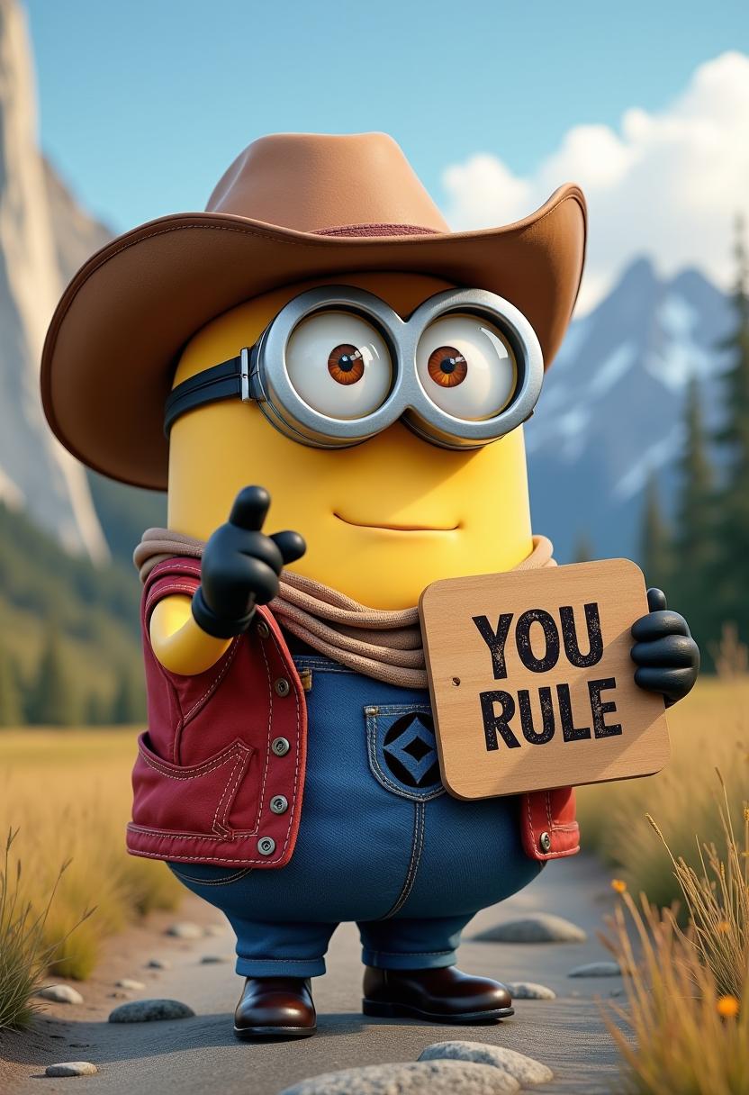 Create an image of a minion, wearing a western outfit, cowboy hat, cowboy boots, pointing at viewer,  holding a sign which reads "YOU RULE" background Canadian rockies 