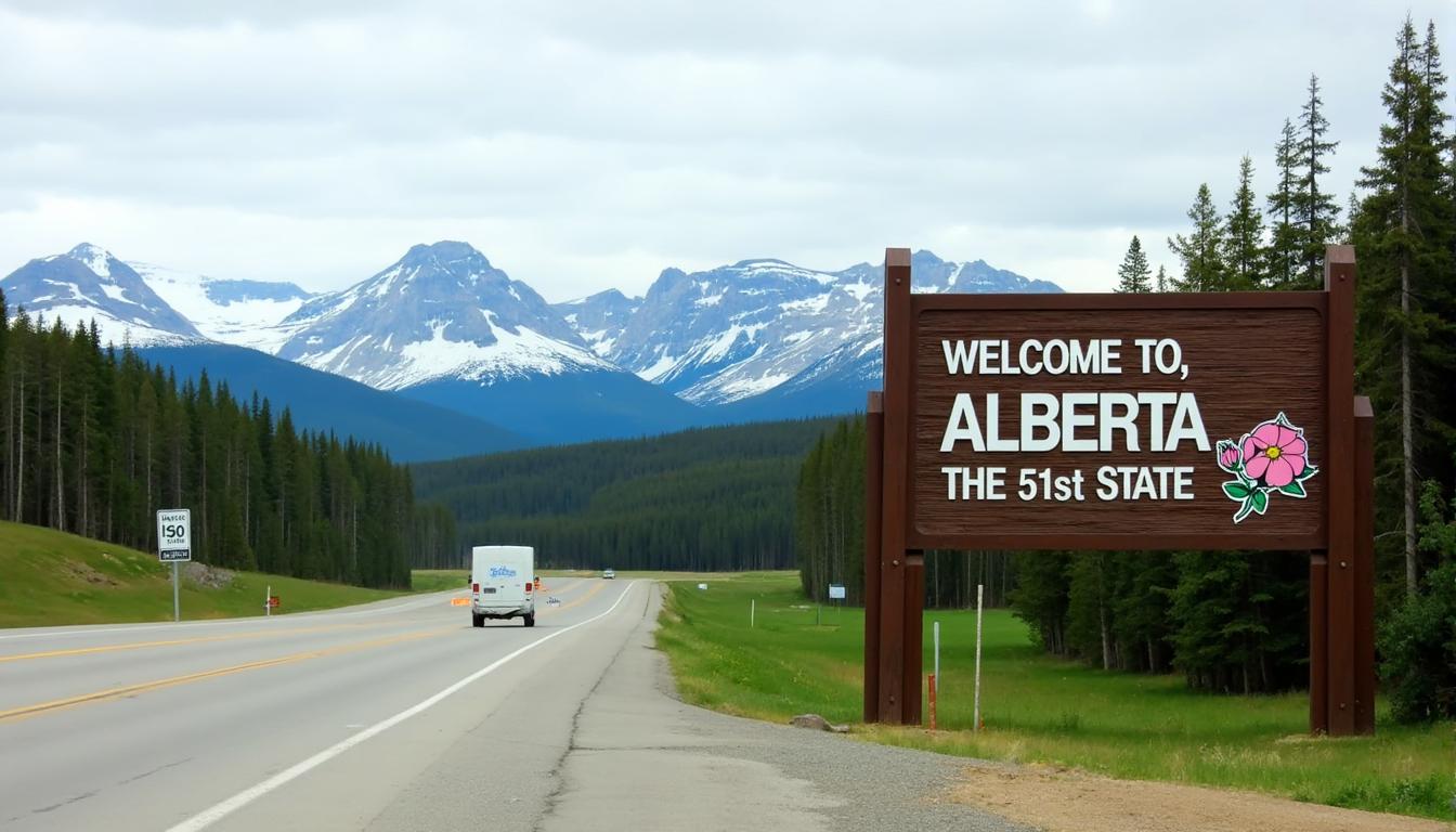 photo of ABSIGN, This image captures a scenic roadside view, likely taken during the daytime given the natural lighting. The art style is realistic photography, with a focus on naturalistic elements and a clear depiction of the landscape. The medium appears to be a high-resolution photograph, given the sharpness and clarity of the details.The colors in the image are rich and varied, with a predominance of greens from the trees and browns from the mountains and the wooden sign. The sky is a soft blue, and the clouds are white, providing a contrast to the darker tones of the foreground. The road is a grey asphalt, with the yellow lines indicating the lanes. The white vehicle in the distance adds a pop of color to the otherwise earthy palette.The objects in the image include a large wooden welcome sign on the right side, which reads "WELCOME TO, ALBERTA" on the bottom "THE 51st STATE" and features a stylized wild rose graphic. The sign is mounted on a wooden frame and supported by two posts, one on each side. The background of the sign is a rich, dark brown, which contrasts with the white text and the bright pink flower graphic on the right side of the sign. The road curves gently to the left, with a speed limit sign indicating a maximum speed of 90 kmh. On the left side of the road, there is a forest of coniferous trees, with the trunks appearing straight and uniform, suggesting a dense and healthy forest. Beyond the trees, the majestic Rocky Mountains rise, with snowcapped peaks and rugged terrain, indicating a high altitude and possibly a cold climate. The mountains are the focal point of the image, dominating the background and providing a sense of grandeur and natural beauty. The sky above the mountains is overcast, with a few clouds, contributing to the serene and tranquil atmosphere of the scene. The overall composition of the image creates a sense of welcoming and invites the viewer to explore the natural beauty of Alberta.