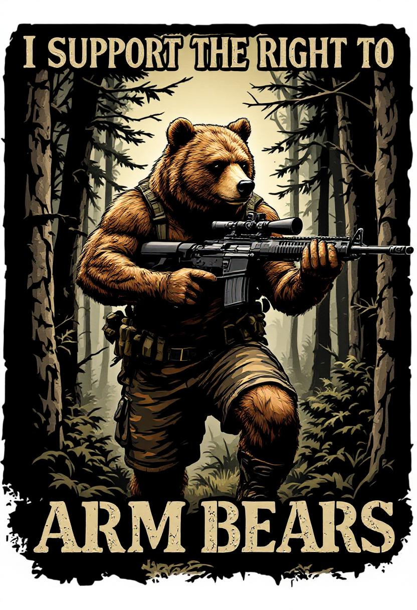 Athletic humanoid bear in camo shorts and boots carrying a rifle through the woods under the words read "I SUPPORT THE RIGHT TO ARM BEARS" spelled correctly sans-serif font
