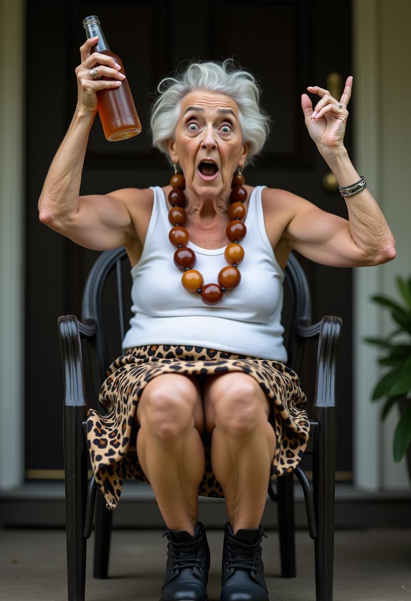 An elderly woman with exaggerated, wide-eyed features sits on a chair in a front porch, holding a bottle of amber liquid. Her elbows are up in the air in a protest. She wears a white tank top, a leopard-print skirt, black combat boots, and a chunky amber necklace. Her expression is intense and slightly comical, with a mix of surprise and determination, set against a blurred background.