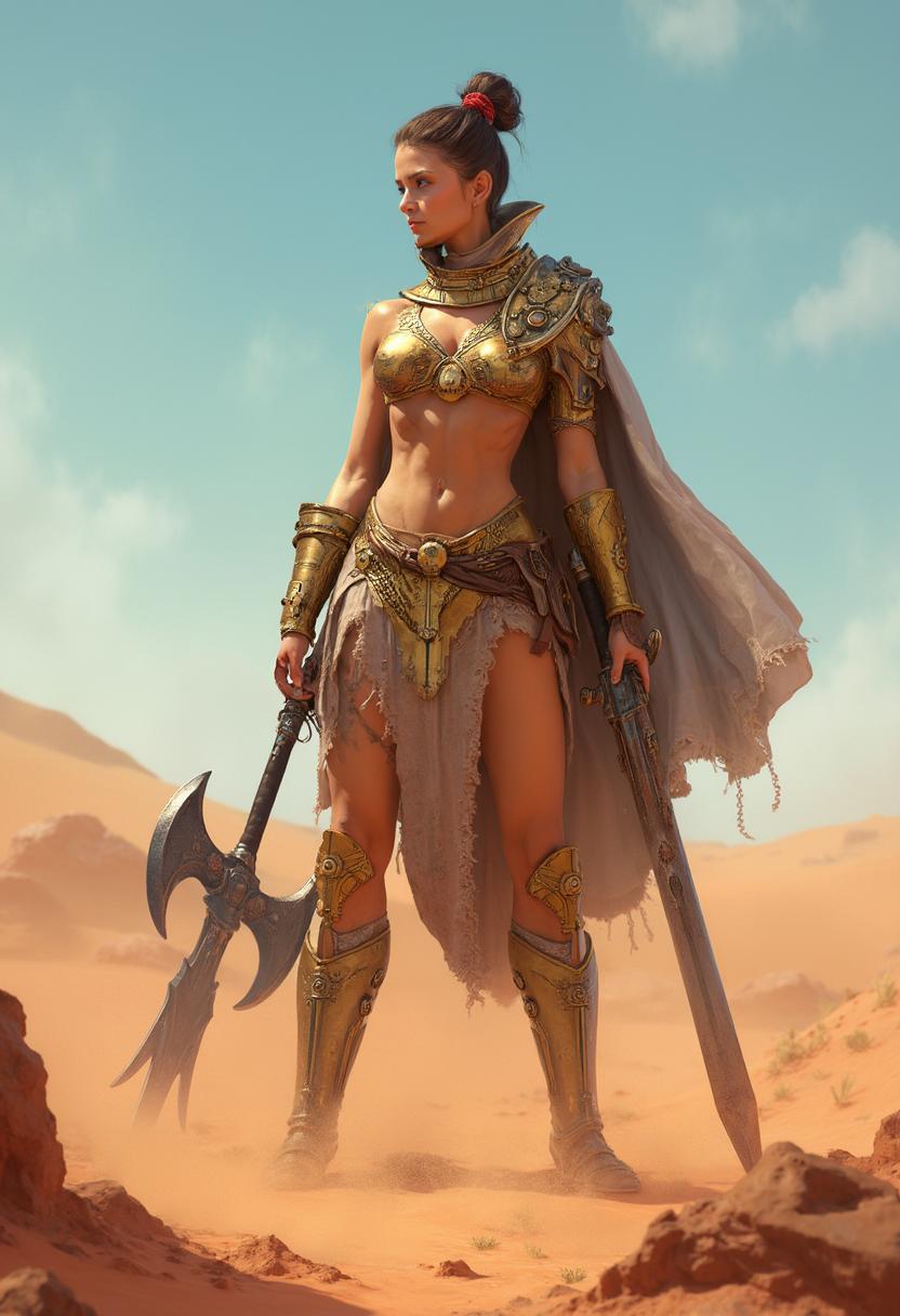 This image is a 3D rendered digital artwork, showcasing a female warrior standing confidently in a desert landscape. The art style is highly detailed and realistic, with a focus on the characters muscular build and the intricate textures of her armor and weapons.The medium appears to be a highend 3D modeling software, likely utilizing advanced rendering techniques to achieve the lifelike quality of the image. The lighting and shadows are particularly wellexecuted, creating a sense of depth and realism in the desert environment.The colors in the image are warm and earthy, with the reds and browns of the desert sand dominating the scene. The warriors skin tone is a light tan, providing a contrast against the darker tones of her armor and weapons. The metallic sheen of her armor and weapons adds a touch of coolness to the otherwise warm palette.The objects in the image include the warrior herself, who is the central figure. She is wearing a detailed, golden armor with a high neckline and a matching skirt, both adorned with circular studs. Her muscular physique is on full display, with defined abs and arms, and her hair is styled in a high bun with a red accessory.In her right hand, she wields a long, straight sword with a gleaming silver blade and a dark hilt. In her left hand, she holds a battle axe with a curved blade and a spiked head, finished in a similar dark tone to the sword.The background of the image is a vast desert landscape, with rolling dunes and sparse vegetation. The sky is a clear blue, with wispy clouds drifting across the horizon, and the sun casts a warm, golden glow over the entire scene, highlighting the textures and contours of the landscape and the warriors armor.