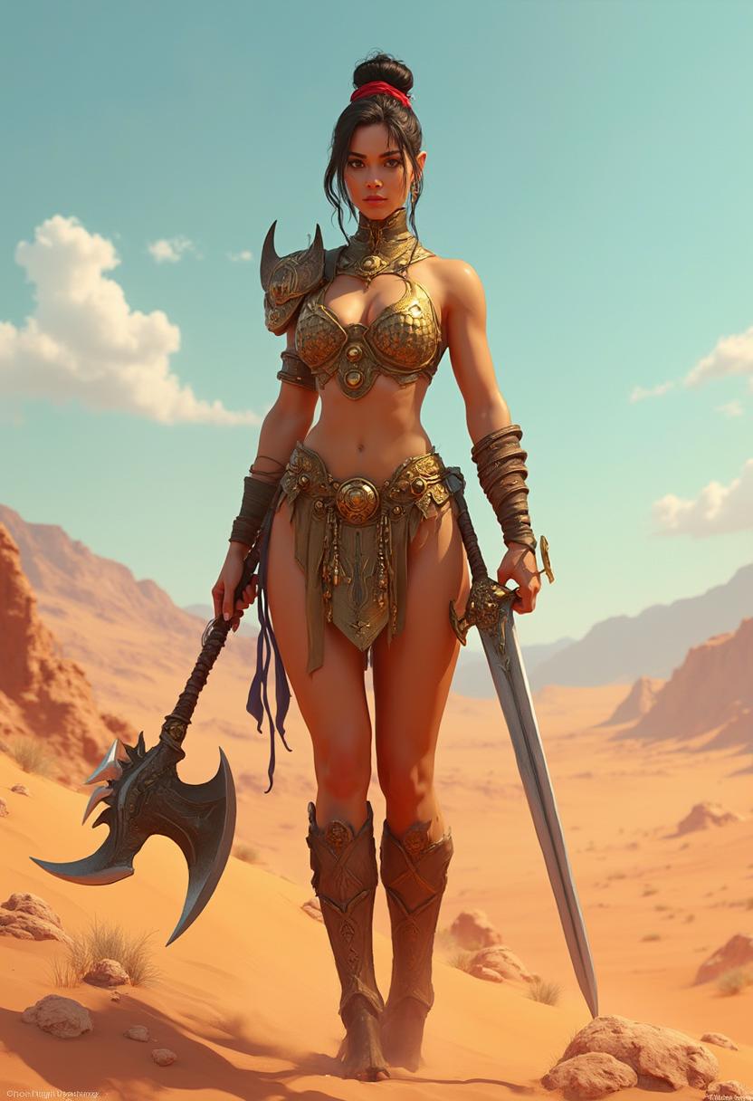 This image is a 3D rendered digital artwork, showcasing a female warrior standing confidently in a desert landscape. The art style is highly detailed and realistic, with a focus on the characters muscular build and the intricate textures of her armor and weapons.The medium appears to be a highend 3D modeling software, likely utilizing advanced rendering techniques to achieve the lifelike quality of the image. The lighting and shadows are particularly wellexecuted, creating a sense of depth and realism in the desert environment.The colors in the image are warm and earthy, with the reds and browns of the desert sand dominating the scene. The warriors skin tone is a light tan, providing a contrast against the darker tones of her armor and weapons. The metallic sheen of her armor and weapons adds a touch of coolness to the otherwise warm palette.The objects in the image include the warrior herself, who is the central figure. She is wearing a detailed, golden armor with a high neckline and a matching skirt, both adorned with circular studs. Her muscular physique is on full display, with defined abs and arms, and her hair is styled in a high bun with a red accessory.In her right hand, she wields a long, straight sword with a gleaming silver blade and a dark hilt. In her left hand, she holds a battle axe with a curved blade and a spiked head, finished in a similar dark tone to the sword.The background of the image is a vast desert landscape, with rolling dunes and sparse vegetation. The sky is a clear blue, with wispy clouds drifting across the horizon, and the sun casts a warm, golden glow over the entire scene, highlighting the textures and contours of the landscape and the warriors armor.