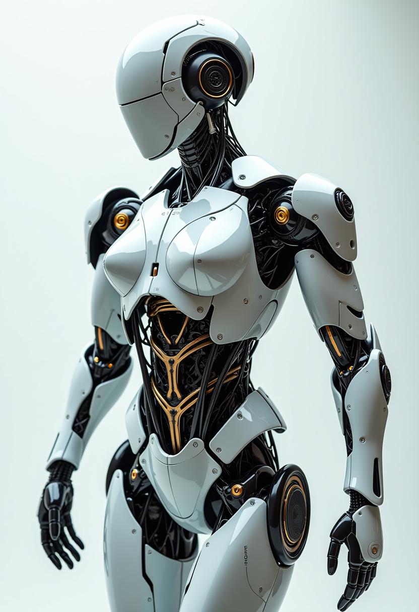 An ultra-realistic robot characterized by a smooth, shiny metallic surface, revealing intricate gears and circuits through clear panels. Its limbs and body display meticulous detailing, emphasizing cutting-edge technology and precise engineering