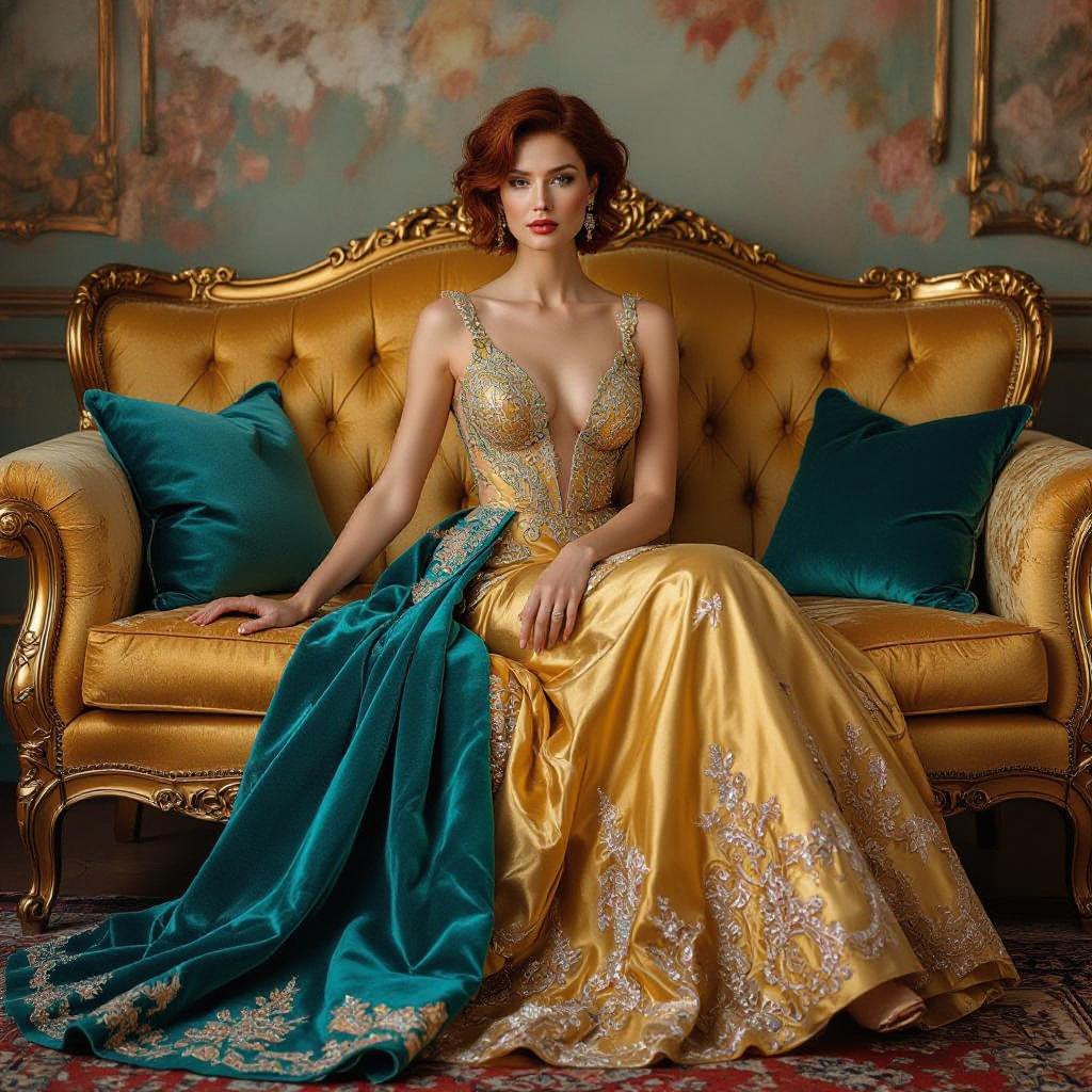 This image portrays a woman seated on a luxurious, ornate couch with a rich, golden hue. The couch is adorned with a plush, tealcolored cushion that contrasts beautifully with the golden tones of the couch, adding a pop of color to the composition. The woman is dressed in a sumptuous, golden gown with intricate detailing and embroidery, suggesting a sense of opulence and elegance. The gowns design features delicate straps and a low neckline, which, combined with the womans poised and confident posture, adds to the overall allure of the image.The womans hair is short dark red and messy. Her makeup is tastefully done, with a focus on her eyes, which are accentuated by subtle eye shadow and defined eyeliner, complemented by a soft, neutral lip color.The background of the image is richly detailed, with a heavy, dark curtain that frames the scene, adding depth and a sense of enclosure. The curtains texture is emphasized by the play of light and shadow, creating a dramatic effect. The overall art style of the image is reminiscent of a classical portrait, with a focus on the interplay of light and shadow, and a realistic approach to the rendering of textures and materials.The medium of the image is not immediately apparent, but given the high level of detail and the smooth rendering of textures, it could be a digital painting or a photograph that has been highly manipulated to achieve the desired effect.The colors in the image are warm and rich, with a predominance of gold, teal, and various shades of brown and black, creating a palette that is both inviting and luxurious. The contrast between the warm tones of the womans attire and the cool tones of the cushion and curtain adds to the visual interest of the composition.