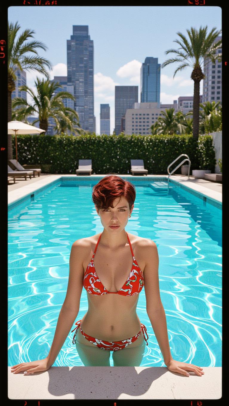 This image captures a dynamic and vibrant scene, likely staged for artistic purposes. The subject is a person, with short dark red messy hair, standing in a swimming pool, which is the central focus of the composition. The person is wearing a red bikini with a pattern that appears to be a blend of floral and abstract designs, which adds a pop of color to the otherwise cool blue tones of the pool.The setting is outdoors, with a clear sky and a backdrop of urban skyscrapers, suggesting an urban locale. The presence of palm trees and other greenery introduces a natural element to the scene, creating a juxtaposition between the manmade structures and the organic environment. The pool is bordered by a tiled edge, and the water appears to be calm, with gentle ripples around the subjects feet.The art style of the image leans towards realism with a touch of surrealism, as evidenced by the exaggerated contrast between the warm tones of the subject and the cool blues of the pool and sky. The lighting is bright and natural, casting soft shadows and highlights that give the scene depth and dimension.The medium of the image is photography, as indicated by the clarity and sharpness of the details, as well as the play of light and shadow. The composition is balanced, with the subject positioned centrally and the background providing a sense of depth and context.Overall, the image is a blend of urban life and leisure, with a focus on the interplay of color, light, and form to create a visually engaging and aesthetically pleasing composition.