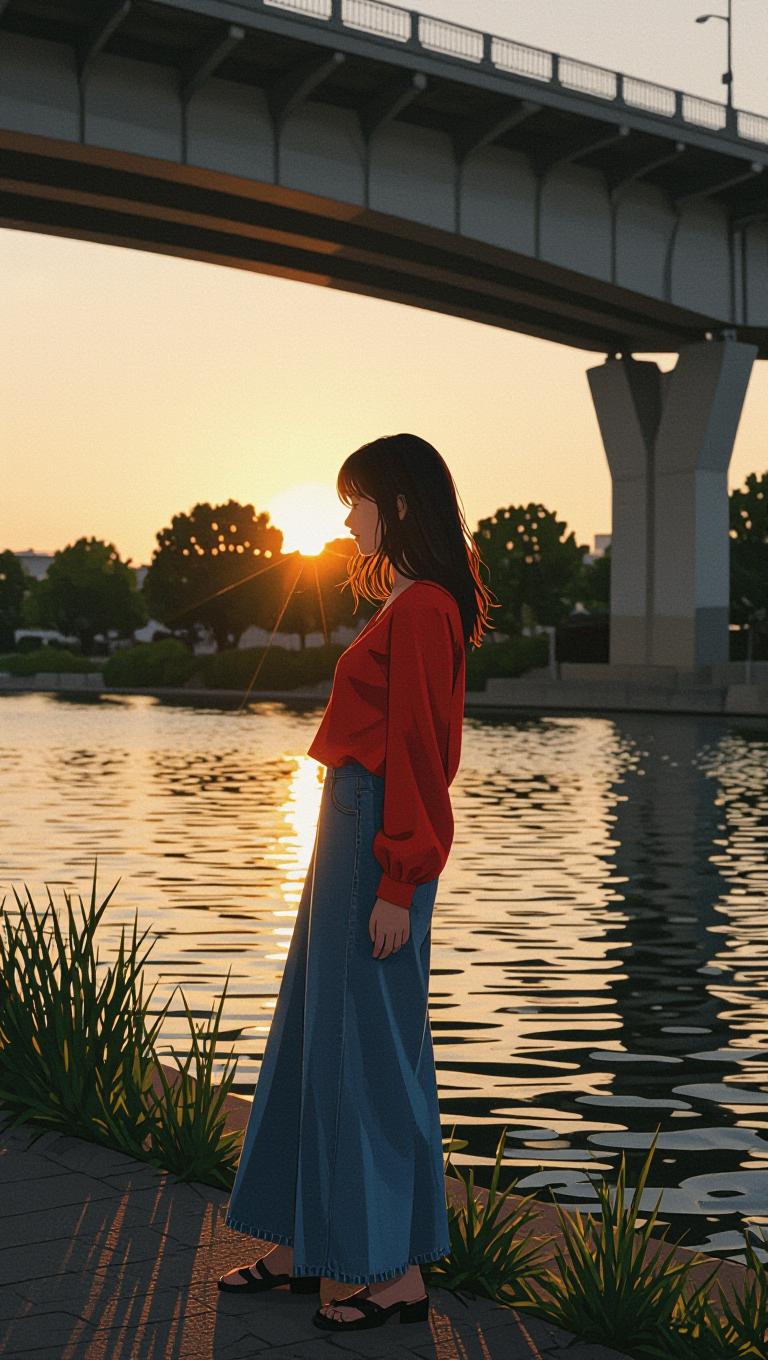 Thisphoto captures a moment of tranquil beauty, likely taken during the golden hour of sunset. The subject is a person standing by a body of water, possibly a river or a lake, under the shadow of a bridge. The art style of the photograph is naturalistic, with a focus on the interplay of light and shadow, and the textures of the subjects clothing and the water.The medium appears to be digital photography, given the clarity and sharpness of the image. The colors are warm and muted, with the red of the subjects blouse standing out against the cooler tones of the water and the gray of the bridge. The golden hour light bathes the scene in a soft glow, highlighting the gentle ripples on the waters surface and casting long shadows.The subject is wearing a red blouse with ruffled sleeves and a highwaisted skirt with buttons down the front. The blouse has a vintage or retro feel, with its ruffles and button details, while the skirt has a more structured appearance. The persons hair is dark red and messy in a short cut, and the way it falls around their shoulders adds to the overall softness of the image.The bridge in the background is a simple, industrial structure, with a grid of beams and support columns. The water is calm, with no visible movement, and the reflection of the bridge and the sky in the waters surface adds to the stillness of the scene. The horizon line is obscured by the bridge, drawing the viewers eye to the subject and the water.Overall, the image evokes a sense of peaceful solitude, with the subject appearing contemplative and at ease in the natural setting. The composition is balanced, with the subject positioned offcenter to the right, allowing the viewer to take in the full scene without feeling crowded. The interplay of light and shadow, along with the textures and colors, creates a harmonious and aesthetically pleasing image.