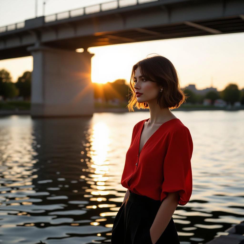 Thisphoto captures a moment of tranquil beauty, likely taken during the golden hour of sunset. The subject is a person standing by a body of water, possibly a river or a lake, under the shadow of a bridge. The art style of the photograph is naturalistic, with a focus on the interplay of light and shadow, and the textures of the subjects clothing and the water.The medium appears to be digital photography, given the clarity and sharpness of the image. The colors are warm and muted, with the red of the subjects blouse standing out against the cooler tones of the water and the gray of the bridge. The golden hour light bathes the scene in a soft glow, highlighting the gentle ripples on the waters surface and casting long shadows.The subject is wearing a red blouse with ruffled sleeves and a highwaisted skirt with buttons down the front. The blouse has a vintage or retro feel, with its ruffles and button details, while the skirt has a more structured appearance. The persons hair is dark red and messy in a short cut, and the way it falls around their shoulders adds to the overall softness of the image.The bridge in the background is a simple, industrial structure, with a grid of beams and support columns. The water is calm, with no visible movement, and the reflection of the bridge and the sky in the waters surface adds to the stillness of the scene. The horizon line is obscured by the bridge, drawing the viewers eye to the subject and the water.Overall, the image evokes a sense of peaceful solitude, with the subject appearing contemplative and at ease in the natural setting. The composition is balanced, with the subject positioned offcenter to the right, allowing the viewer to take in the full scene without feeling crowded. The interplay of light and shadow, along with the textures and colors, creates a harmonious and aesthetically pleasing image.