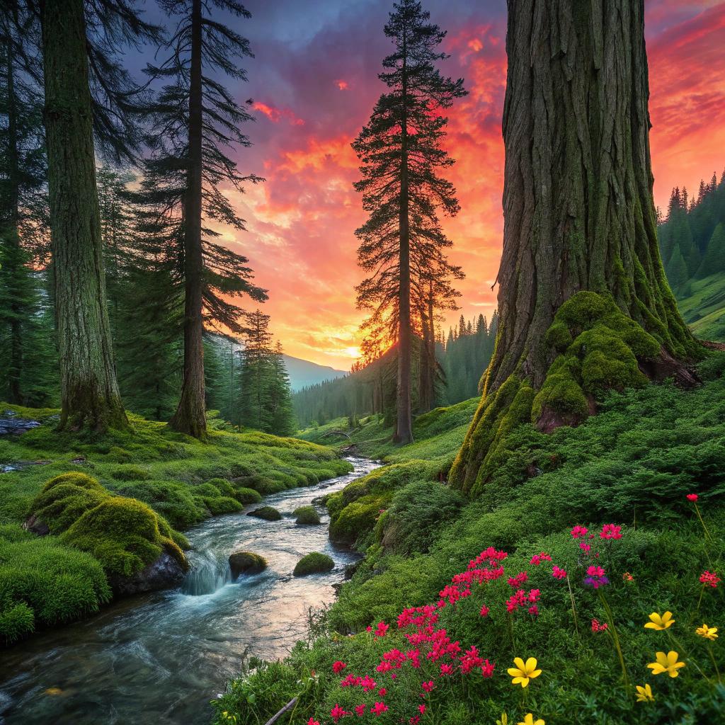 A breathtaking nature scene bursting with vibrant colors, featuring a lush forest clearing at golden hour. Towering emerald-green trees with intricate, textured bark surround a crystal-clear stream reflecting the fiery hues of a sunset sky—blazing oranges, deep purples, and radiant pinks. Vivid wildflowers in shades of crimson, sapphire, and sunflower yellow dot the moss-covered ground, their delicate petals swaying gently in the breeze. The composition centers on the stream winding through the foreground, drawing the viewer's eye toward a distant misty mountain range under a warm, glowing horizon. The lighting is soft and ethereal, with sunbeams piercing through the canopy, casting dappled golden light across the scene. The mood is serene and awe-inspiring, evoking a sense of untouched wilderness and tranquility. Rendered in the style of hyper-realistic digital painting, with meticulous attention to detail, sharp focus, and a cinematic depth of field, capturing every nuance of texture and color in 8K resolution.