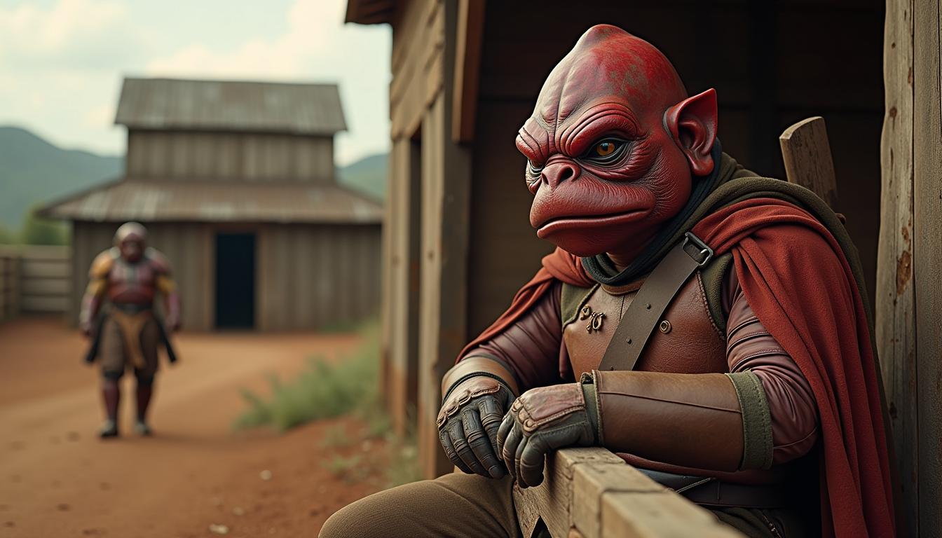 Una fotografía del siglo XIX, llena de manchas, arañazos, líneas y marcas de plegado, grietas, descamación, matices amarillentos y marrones, enfoque gran angular cercano del personaje de Star Wars (JABBAL EL HUTT), parado sobre el suelo de un corral al aire libre, dando comida a los cerdos, con una mirada dura y sombría en su rostro. Dos vaqueros con diferente personalidad y expresiones faciales, aspecto rudo sentados sobre el borde de una cerca de madera vieja.Bg, una vieja valla de madera que forma un corral con un viejo rancho al fondo