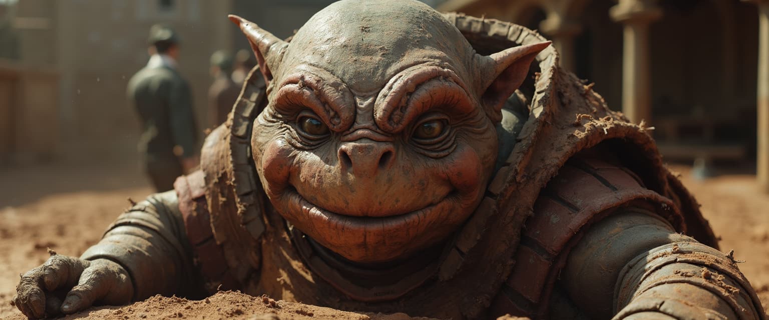 Una fotografía del siglo XIX, llena de manchas, arañazos, líneas y marcas de plegado, grietas, descamación, matices amarillentos y marrones, enfoque gran angular cercano del personaje de Star Wars (JABBAL EL HUTT), parado sobre el suelo de un corral al aire libre, dando comida a los cerdos, con una mirada dura y sombría en su rostro. Dos vaqueros con diferente personalidad y expresiones faciales, aspecto rudo sentados sobre el borde de una cerca de madera vieja.Bg, una vieja valla de madera que forma un corral con un viejo rancho al fondo